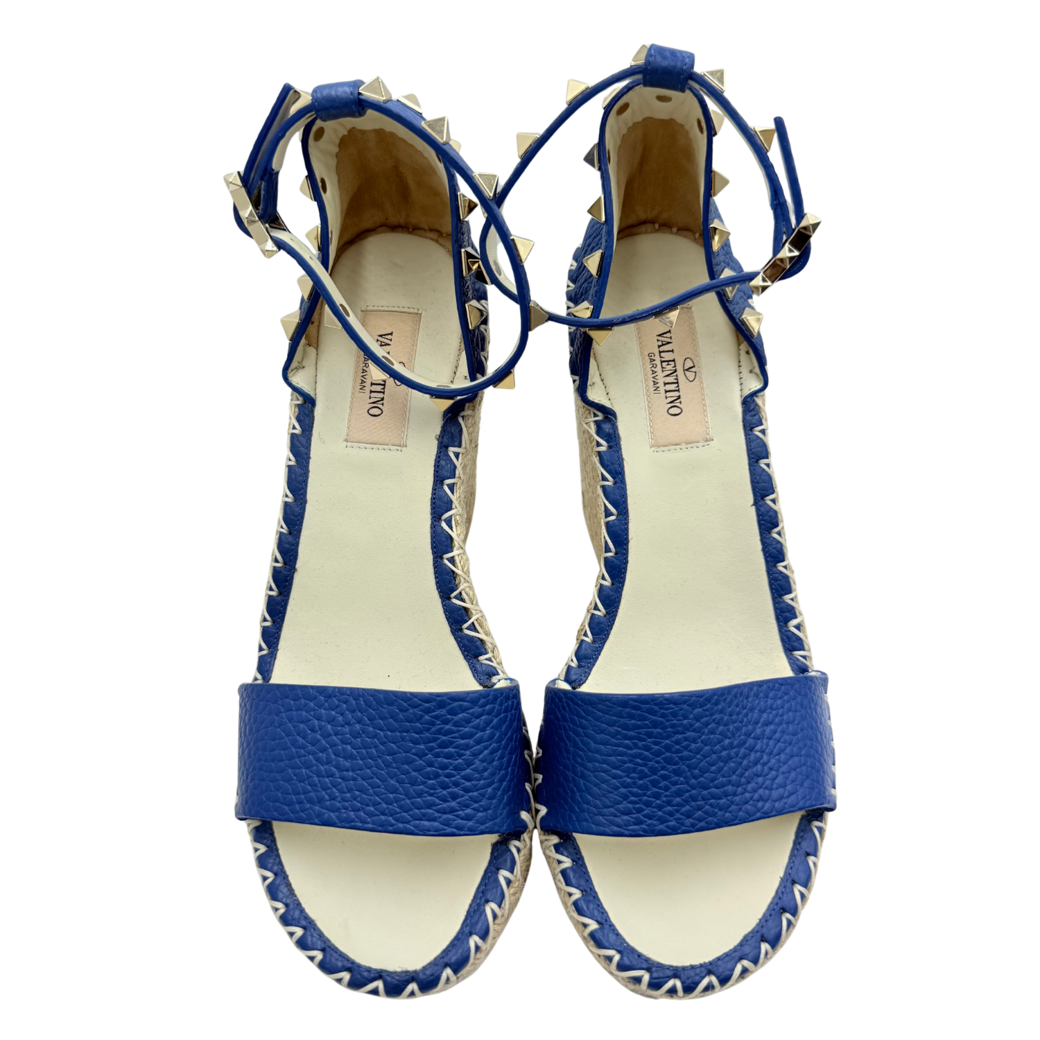 Valentino Rockstud Accents Leather Espadrille Wedge Sandals Royal Blue