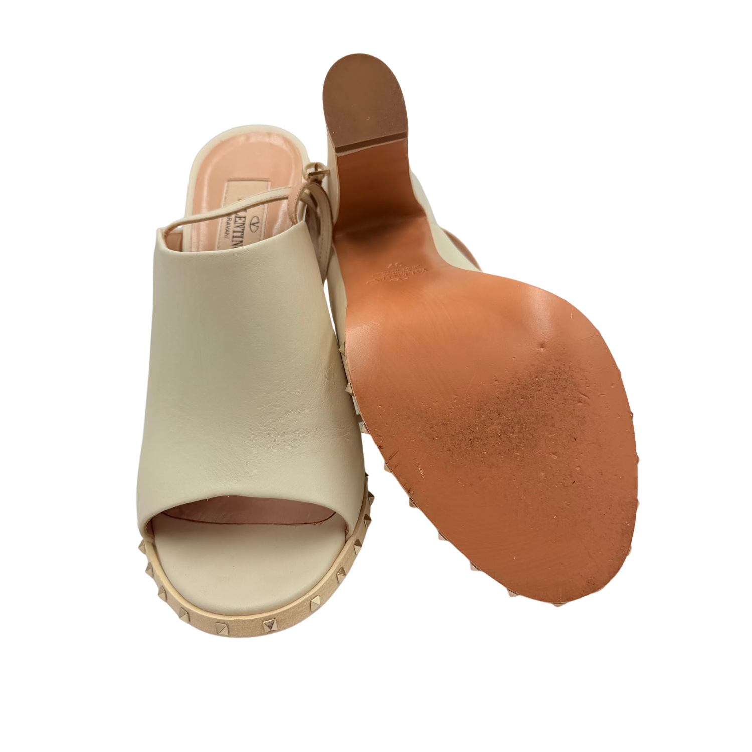 Valentino Garavani Atelier Rockstud Accents Leather Mules Cream Size 37
