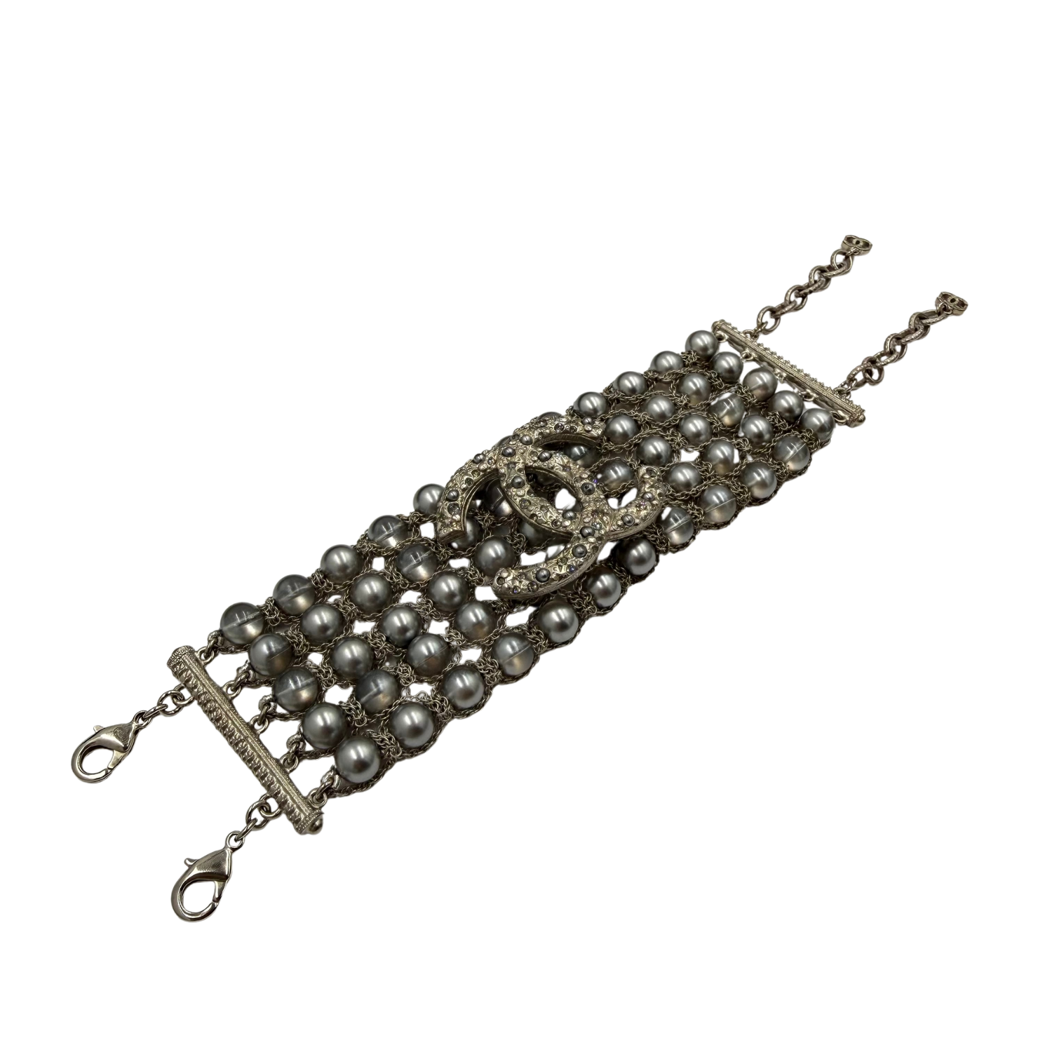 Chanel CC Triple Row Chain Rhinestone/Pearl Silver Bracelet