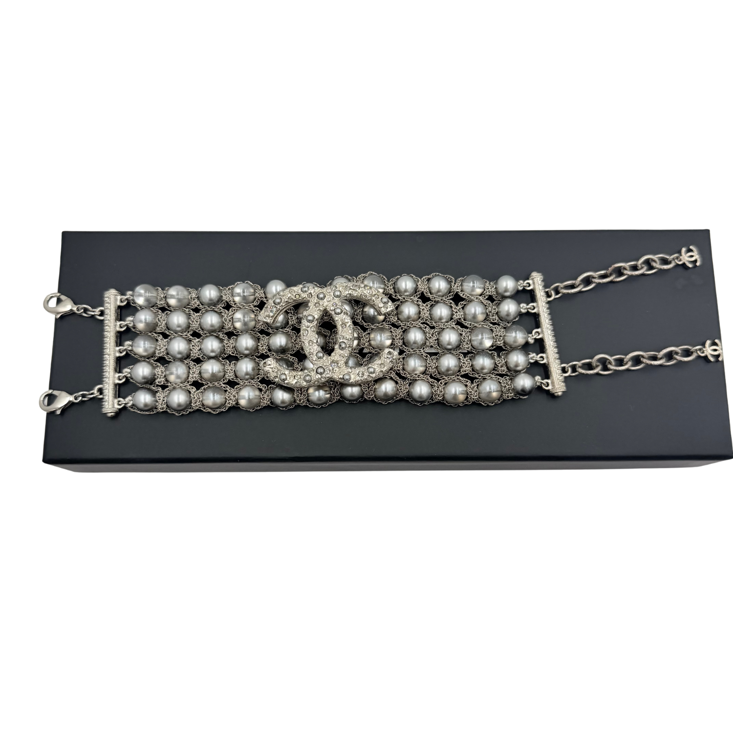 Chanel CC Triple Row Chain Rhinestone/Pearl Silver Bracelet