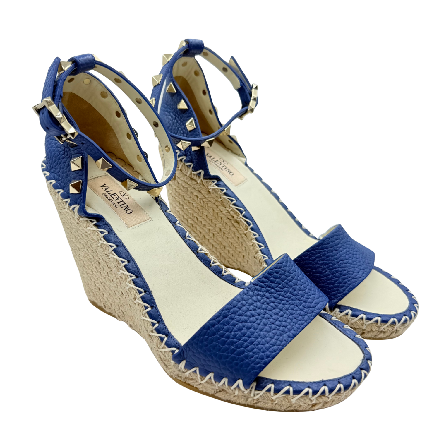 Valentino Rockstud Accents Leather Espadrille Wedge Sandals Royal Blue