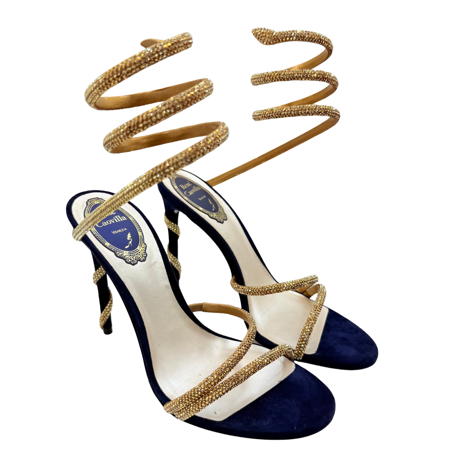 Rene Caovilla Margot Crystal Sandal 105mm Navy and Gold