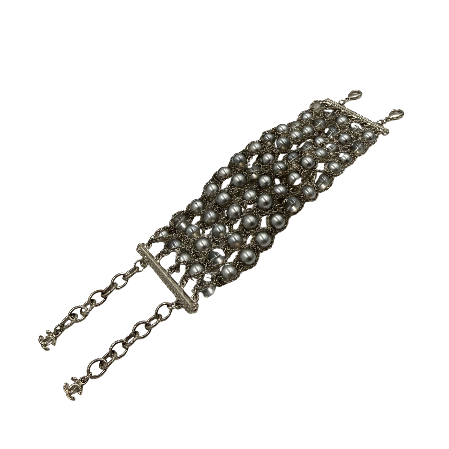Chanel CC Triple Row Chain Rhinestone/Pearl Silver Bracelet