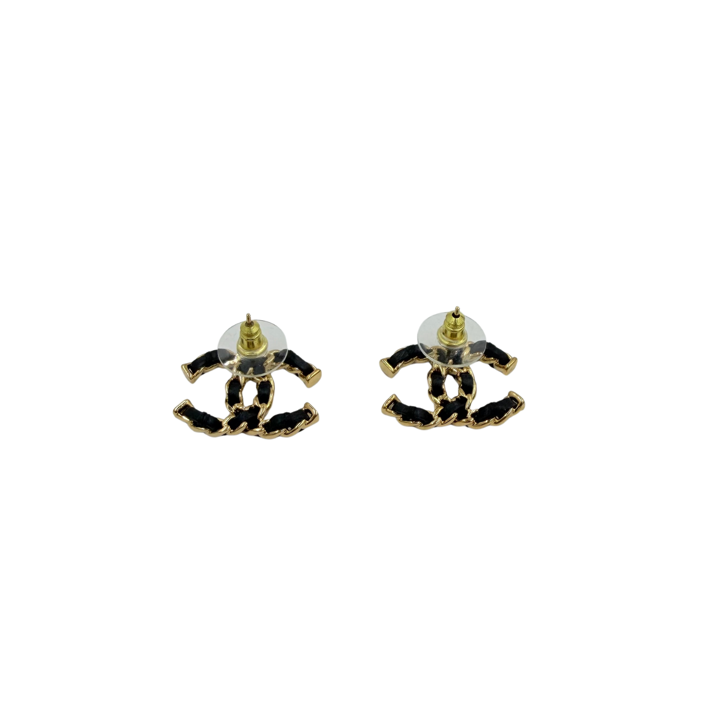 CC Leather and Gold Stud Earrings