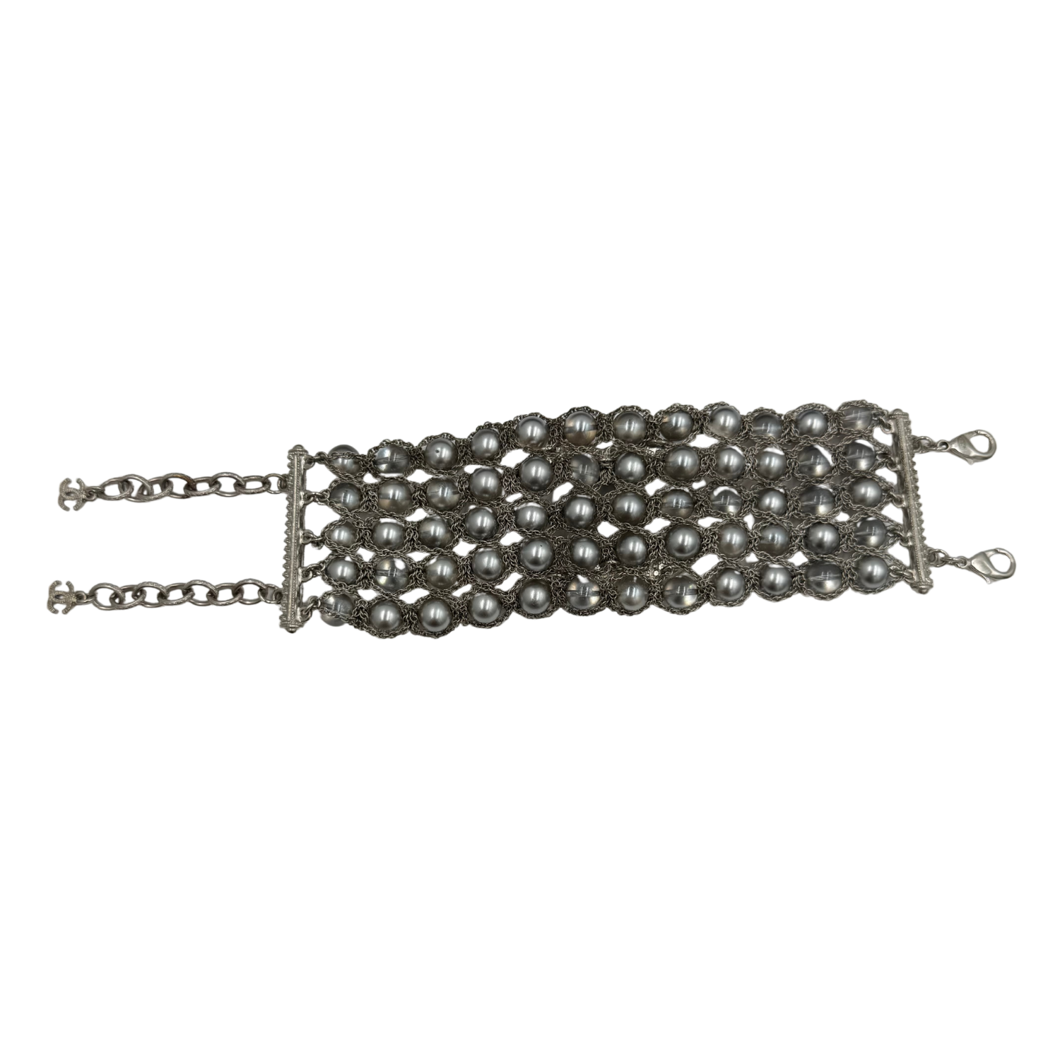 Chanel CC Triple Row Chain Rhinestone/Pearl Silver Bracelet
