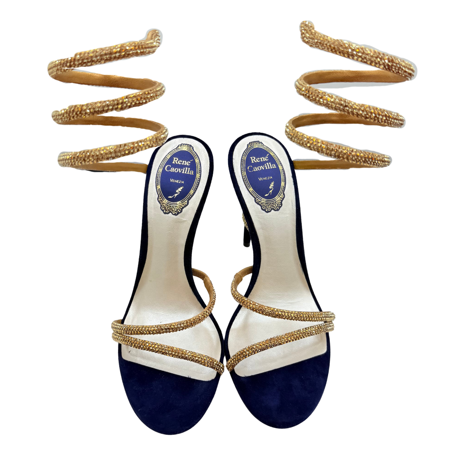 Rene Caovilla Margot Crystal Sandal 105mm Navy and Gold