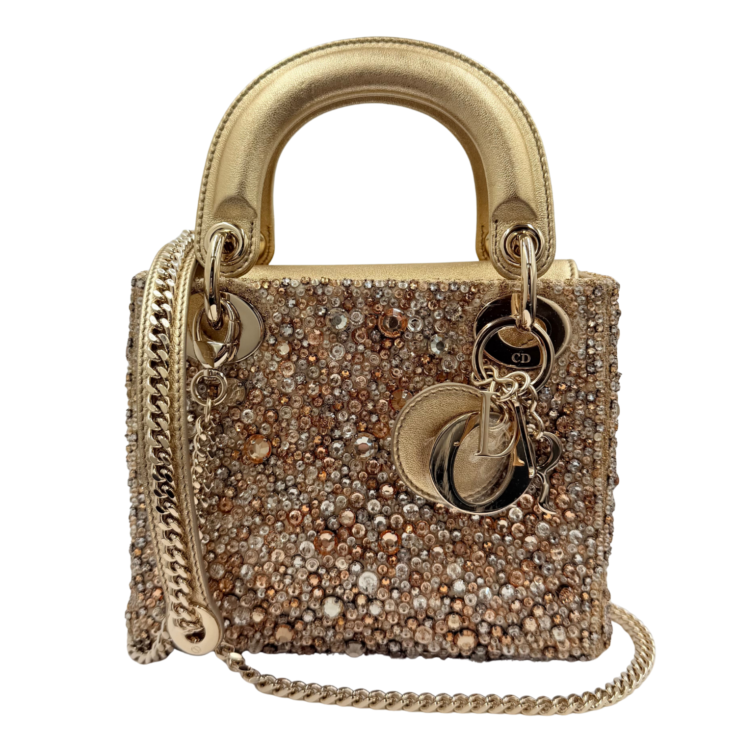 Christian Dior Limited Metallic Calfskin Bead Embroidery Mini Lady Dior Gold