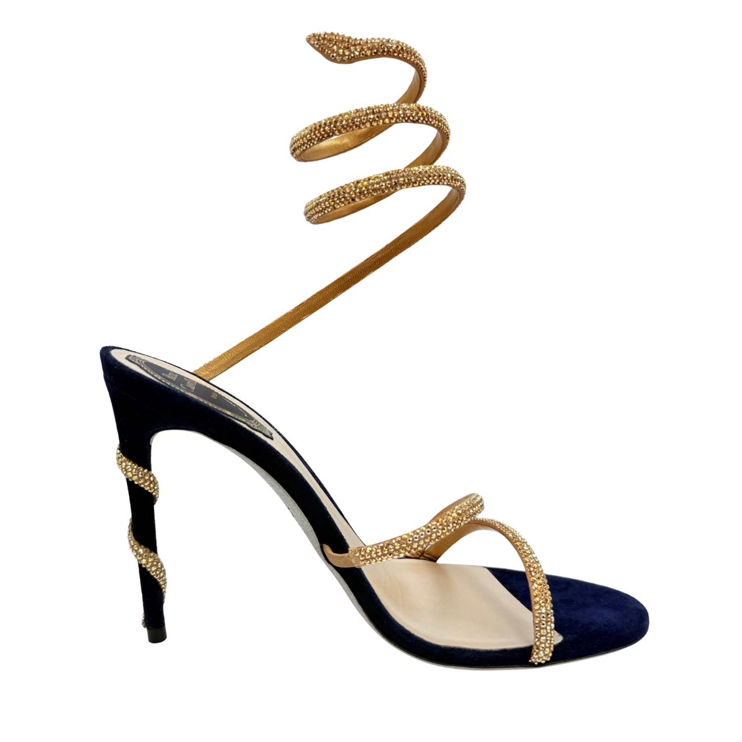 Rene Caovilla Margot Crystal Sandal 105mm Navy and Gold