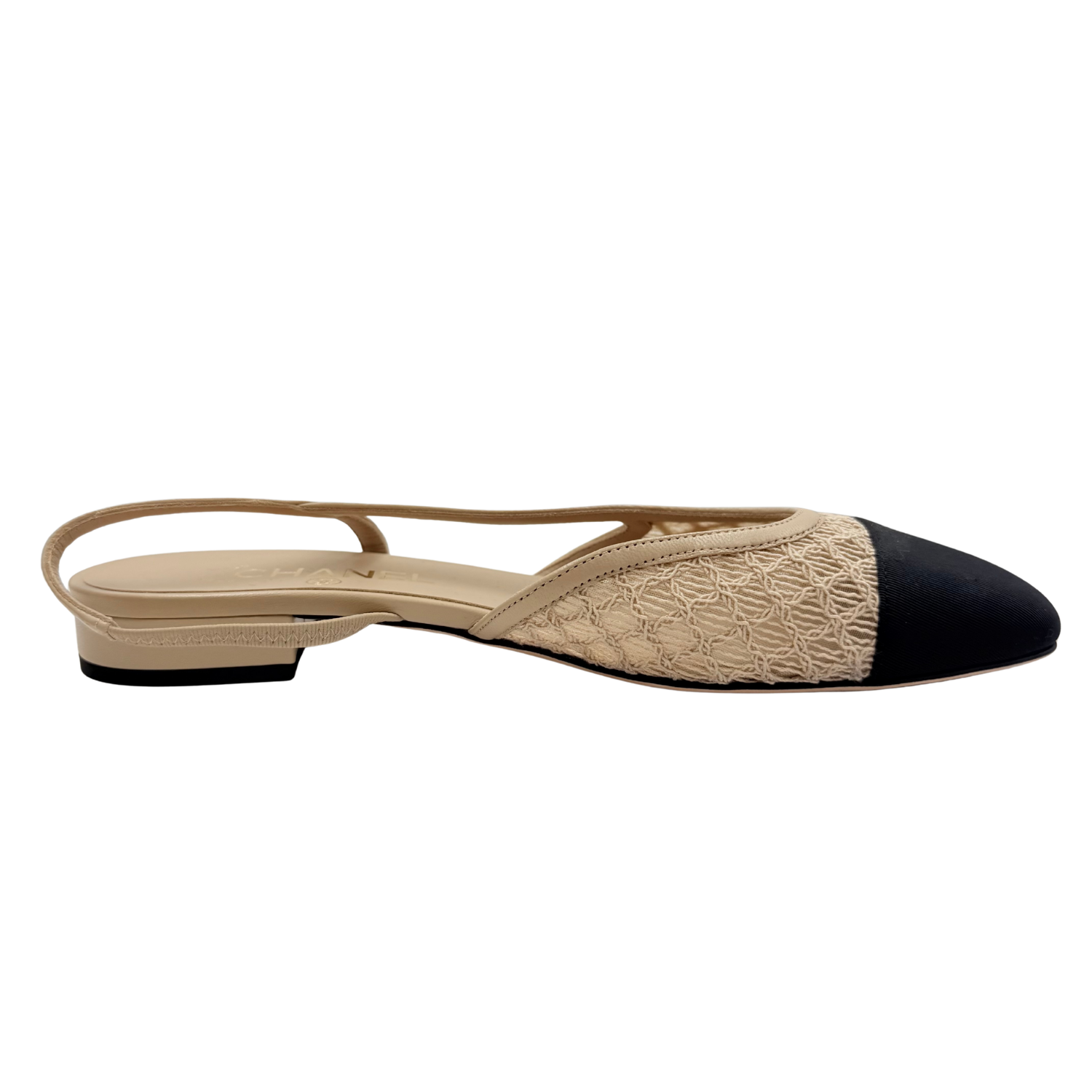 Chanel Interlocking CC Crochet Slingback Flats Beige and Black