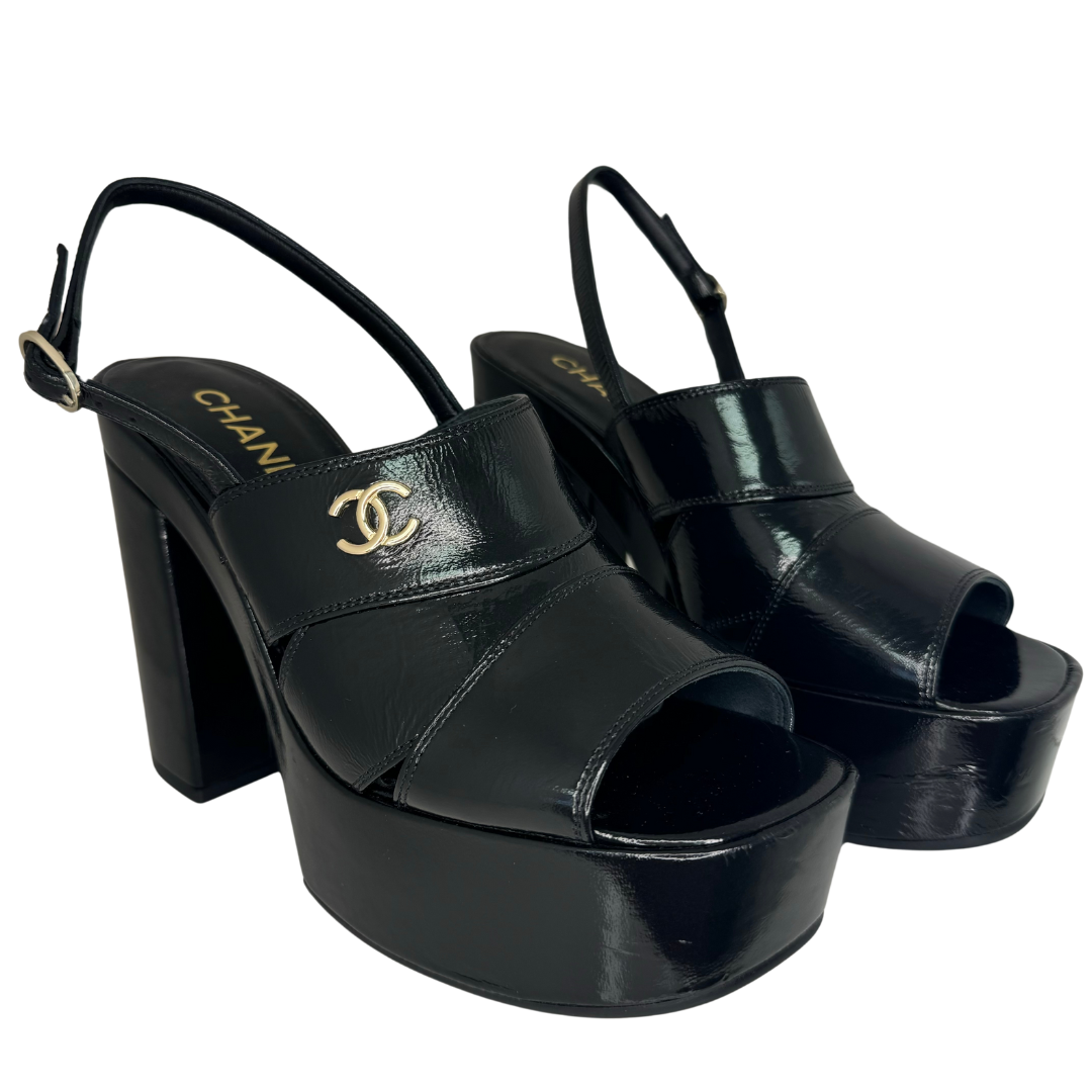 Chanel Patent Lambskin Platform Sandals Black