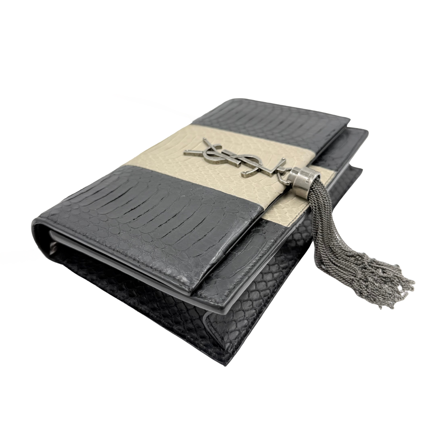 Yves Saint Laurent Small Classic Monogram Tassel Wallet on Chain Black Ecru