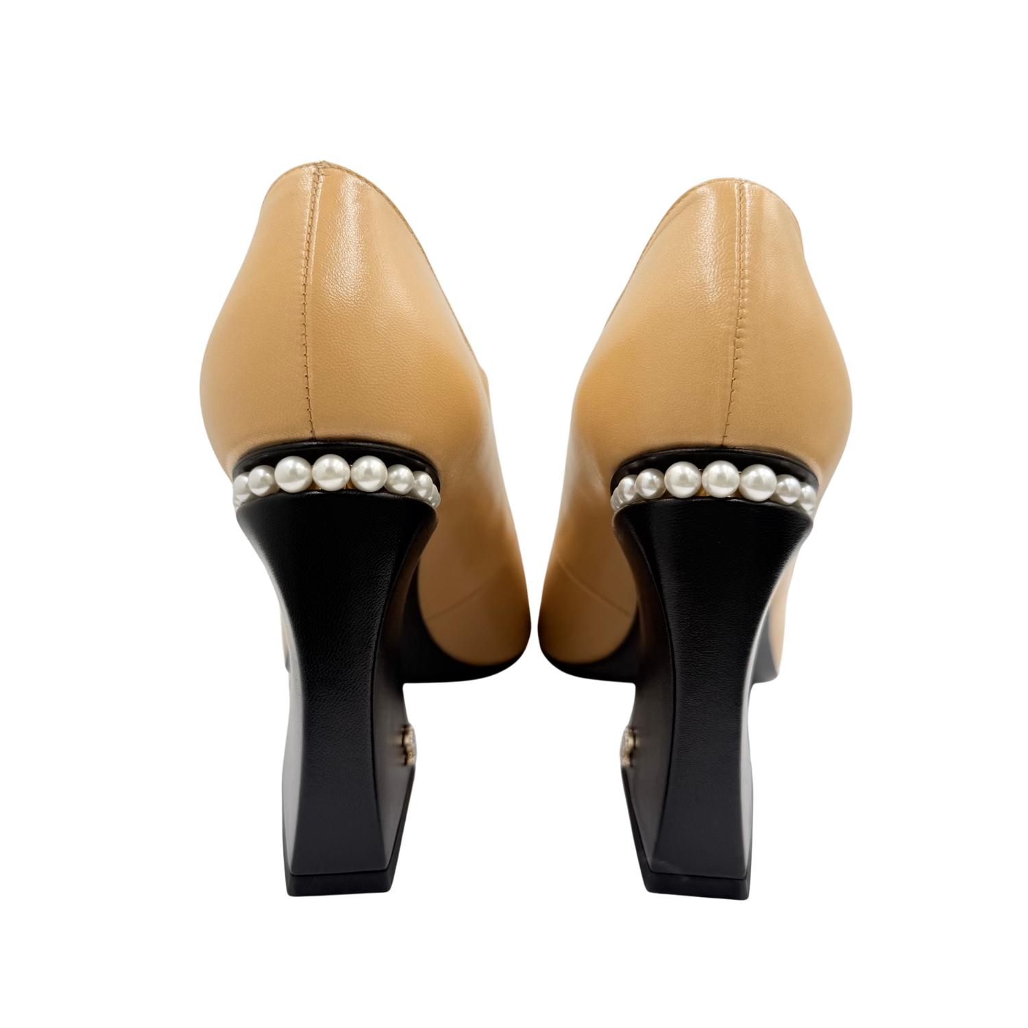 Chanel Shiny Goatskin Pearls Cap Toe Open Slingback Block Heel Pumps Beige Black