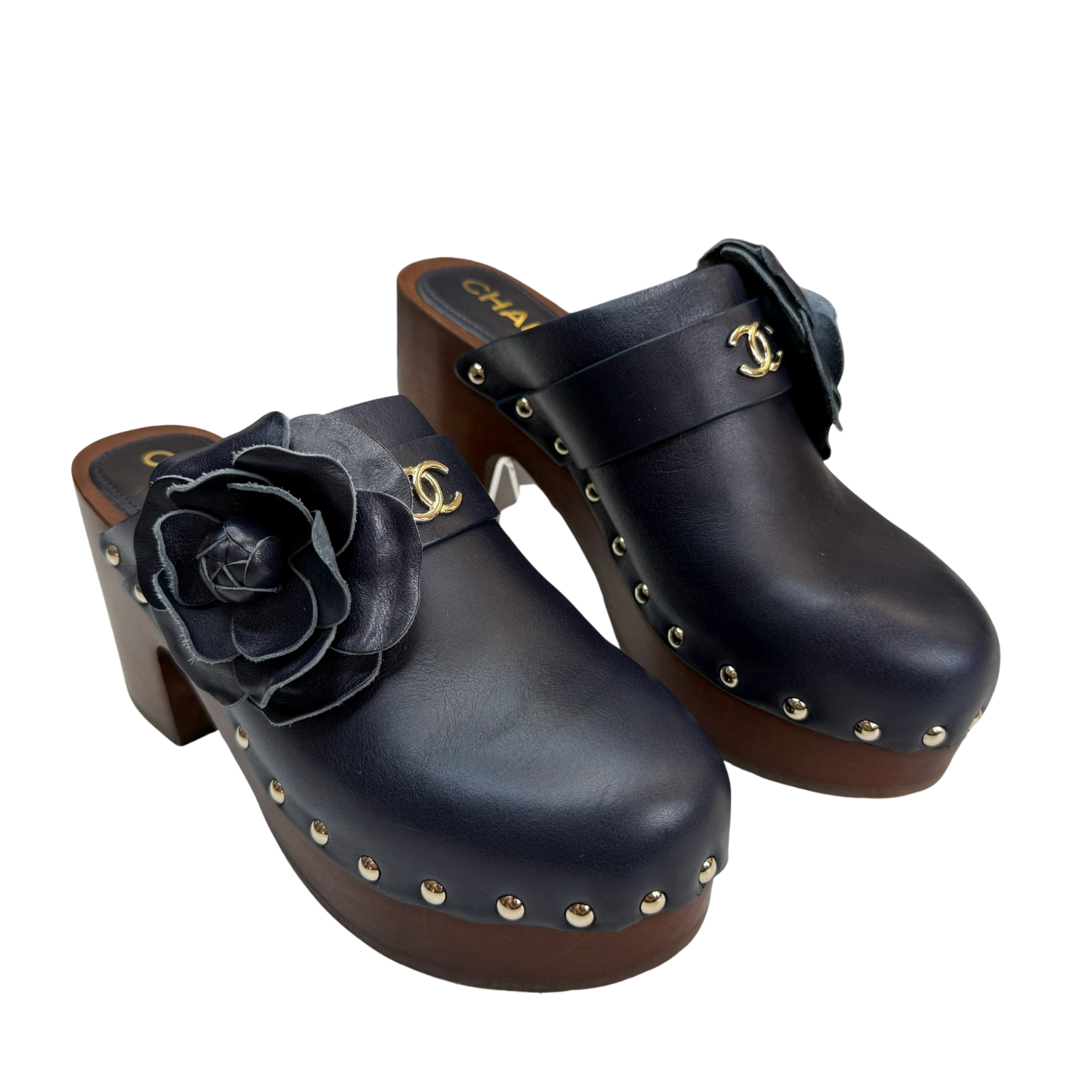 Chanel Calfskin Camellia Clogs Navy