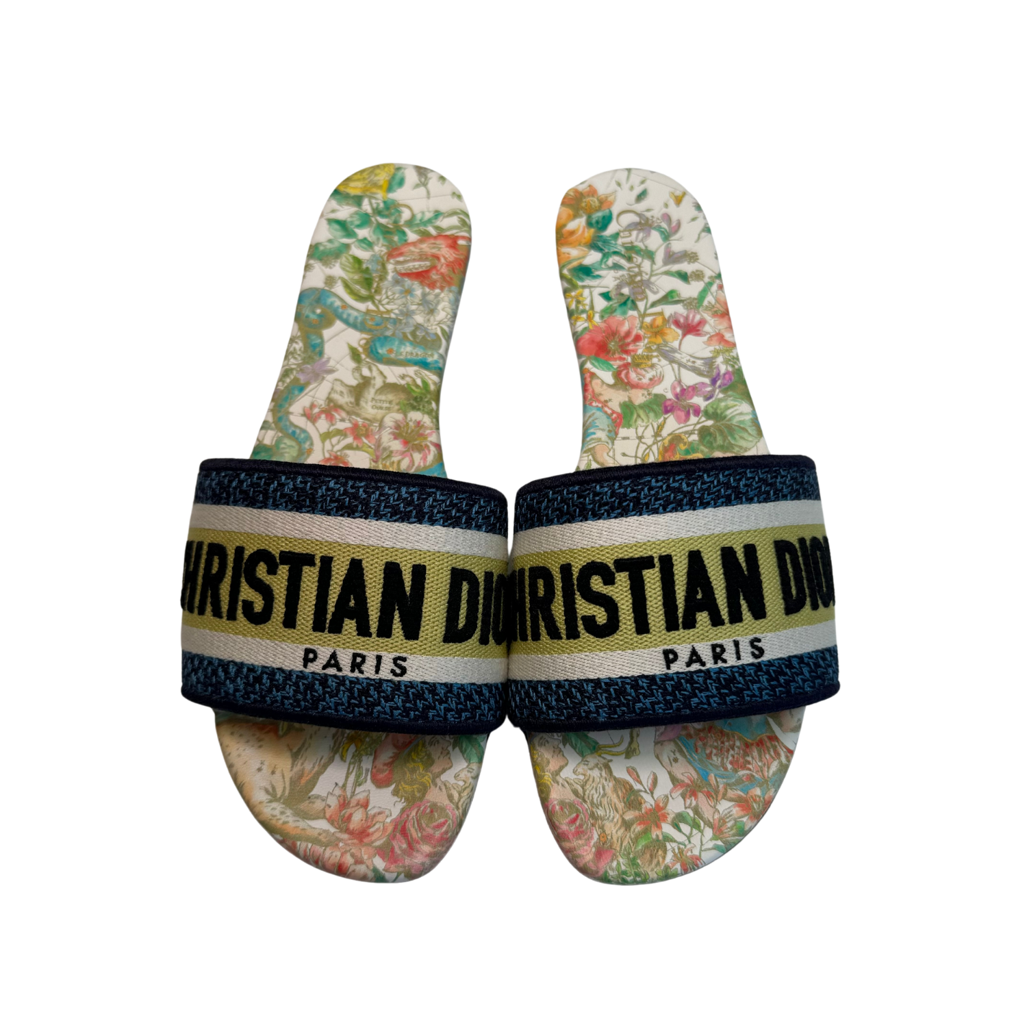 Christian Dior Dway Slide Nude Multicolor Embroidered Cotton with Toile de Jouy Motif