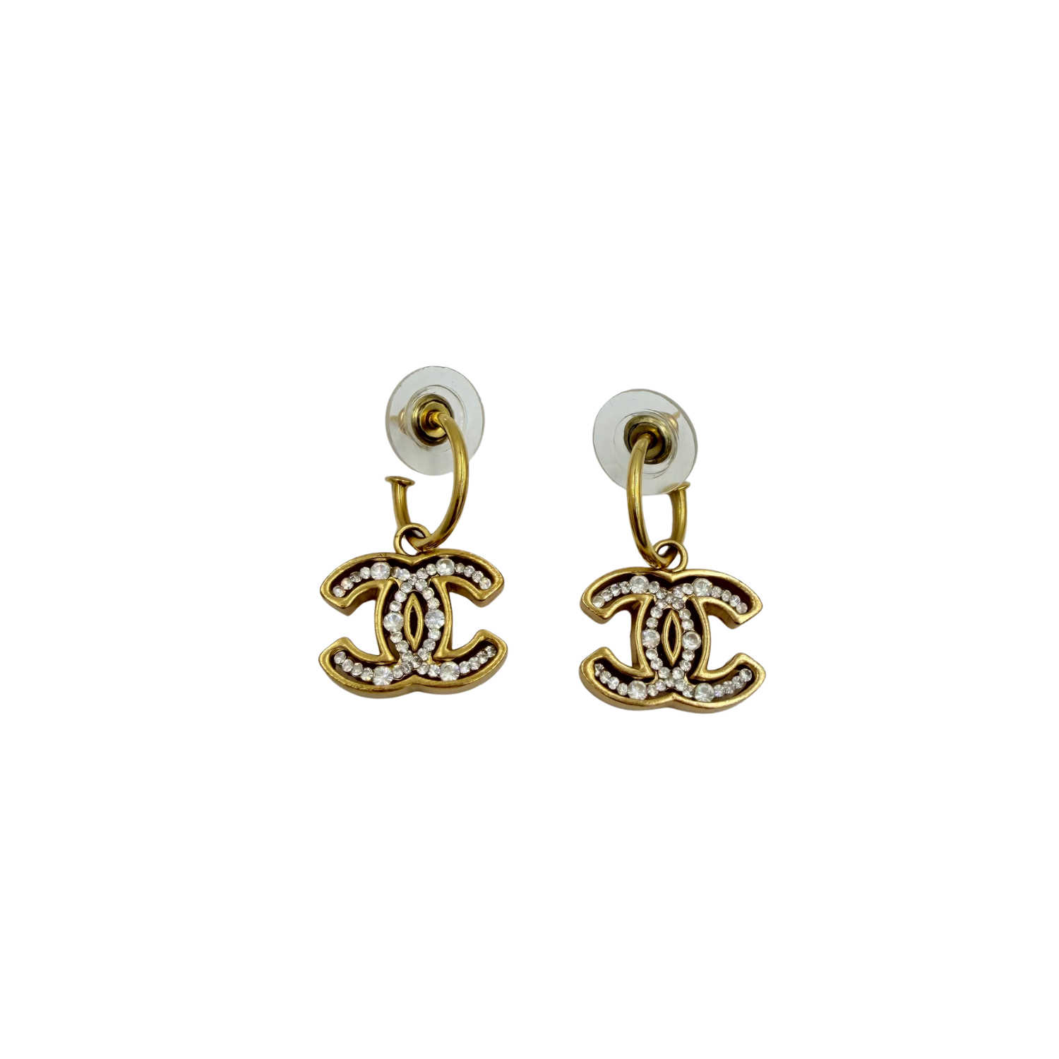 Chanel Vintage 2002 24k Gold Plated Crystal CC Drop Earrings