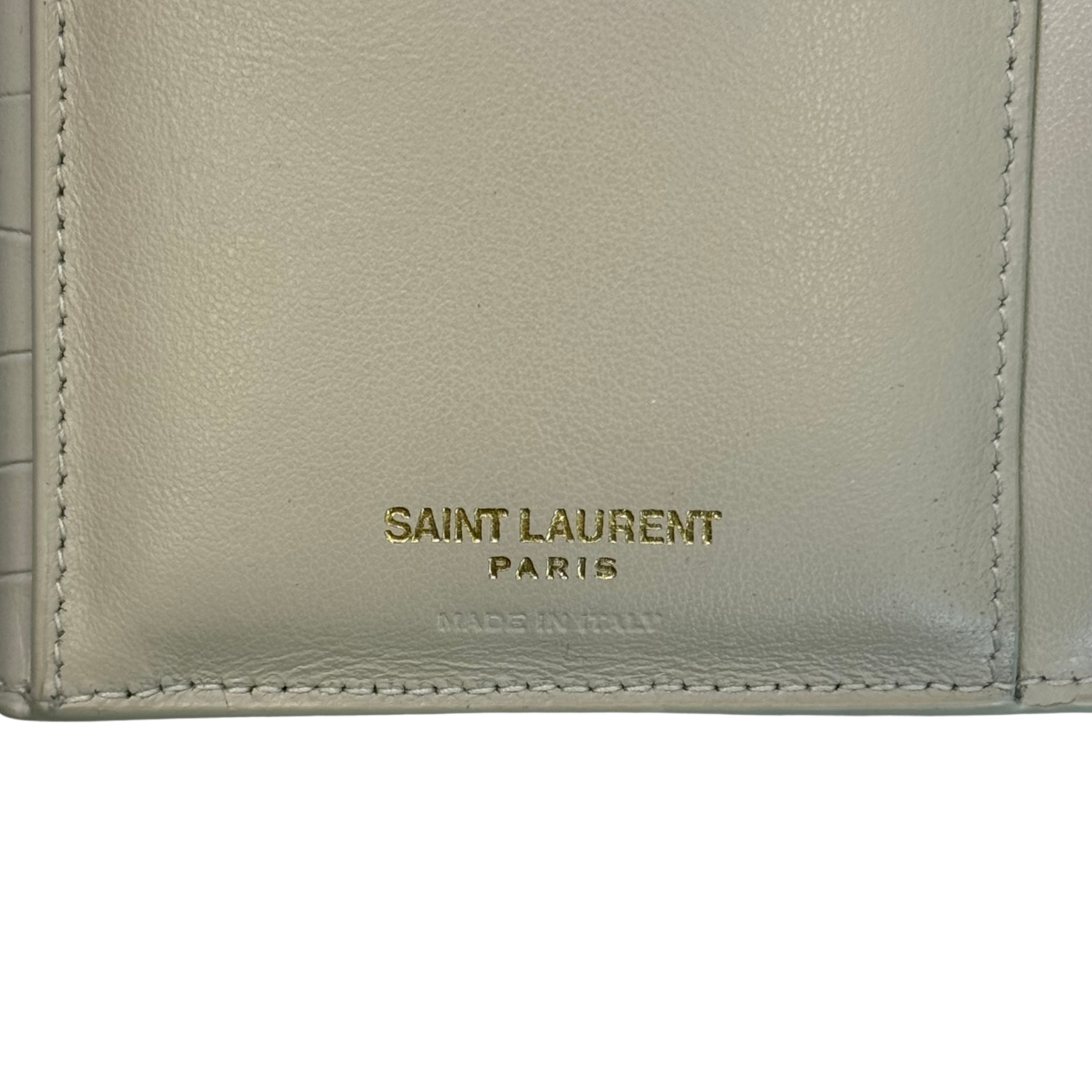 Yves Saint Laurent Calfskin Crocodile Embossed Uptown Bi Fold Wallet White