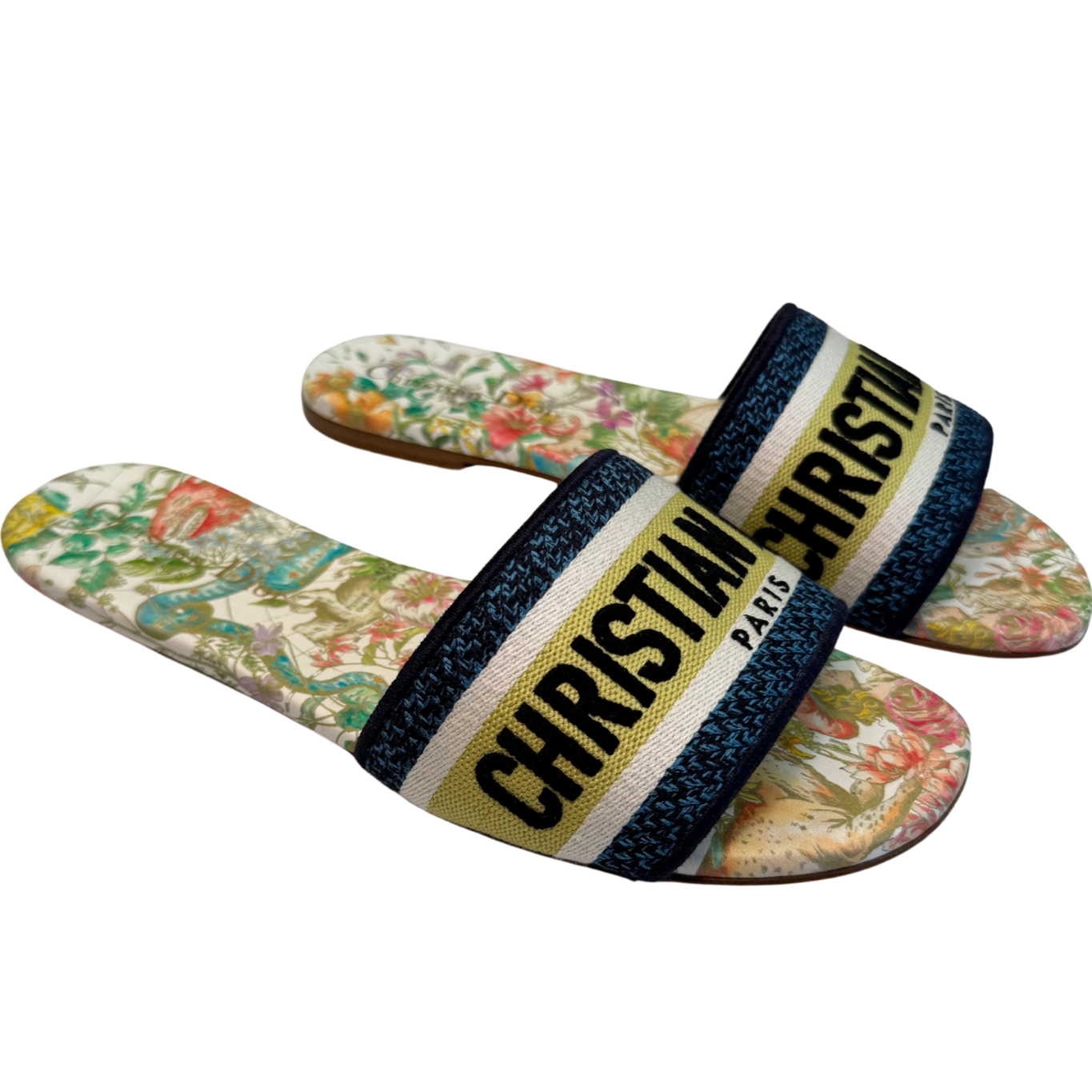 Christian Dior Dway Slide Nude Multicolor Embroidered Cotton with Toile de Jouy Motif