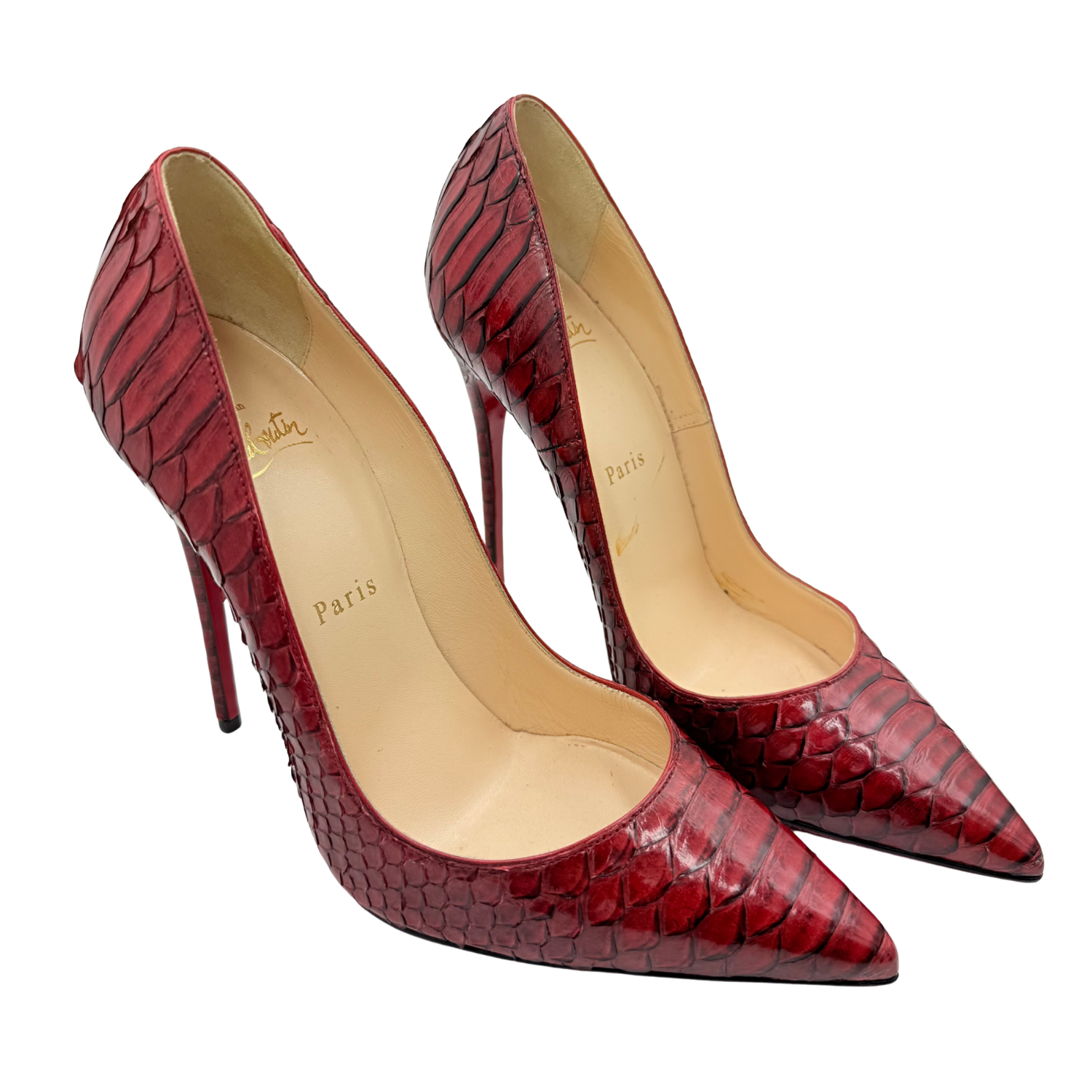 Christian Louboutin Metallic Python Leather So Kate Pointed Toe Pumps Blood Red