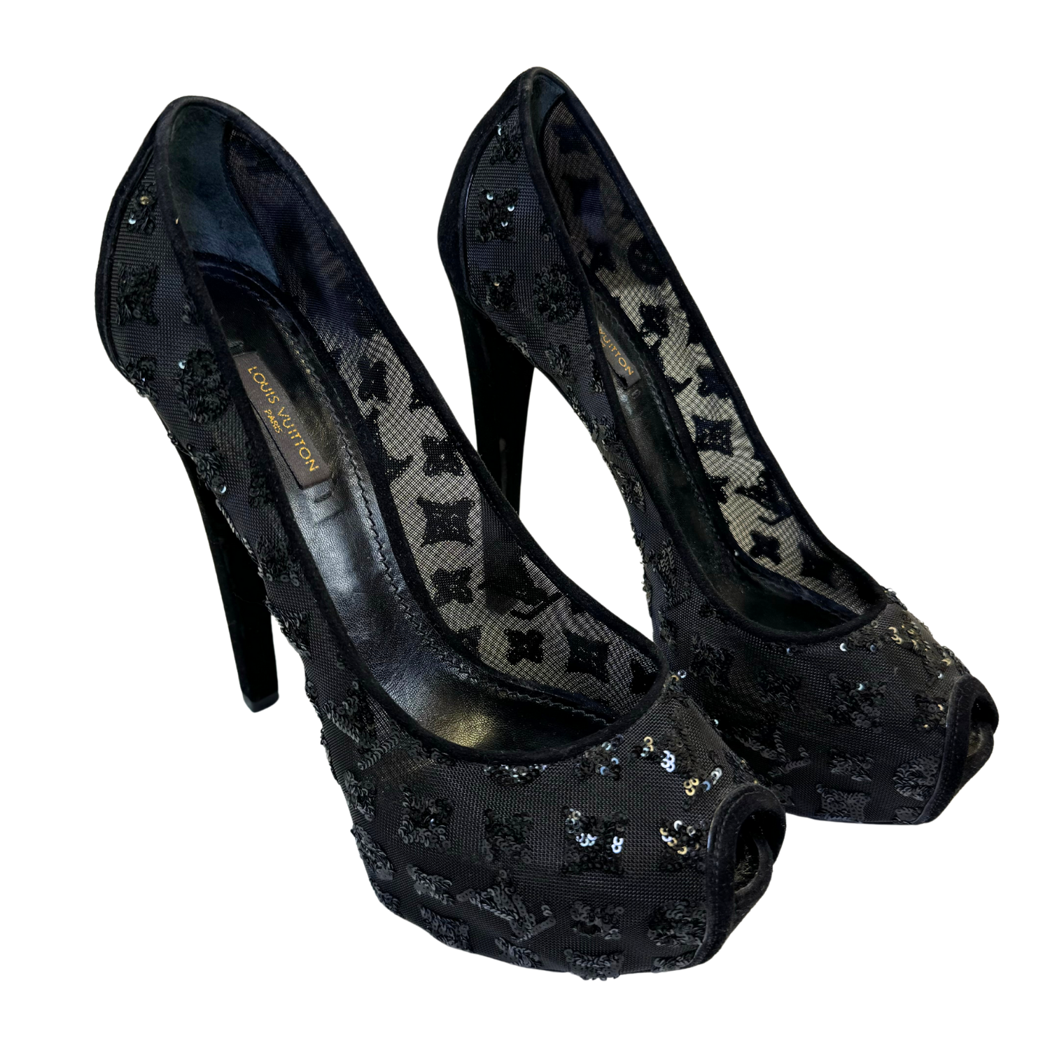 Louis Vuitton Sequin Monogram Peep-Toe Pumps Black