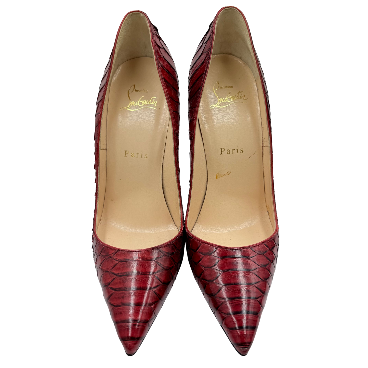 Christian Louboutin Metallic Python Leather So Kate Pointed Toe Pumps Blood Red