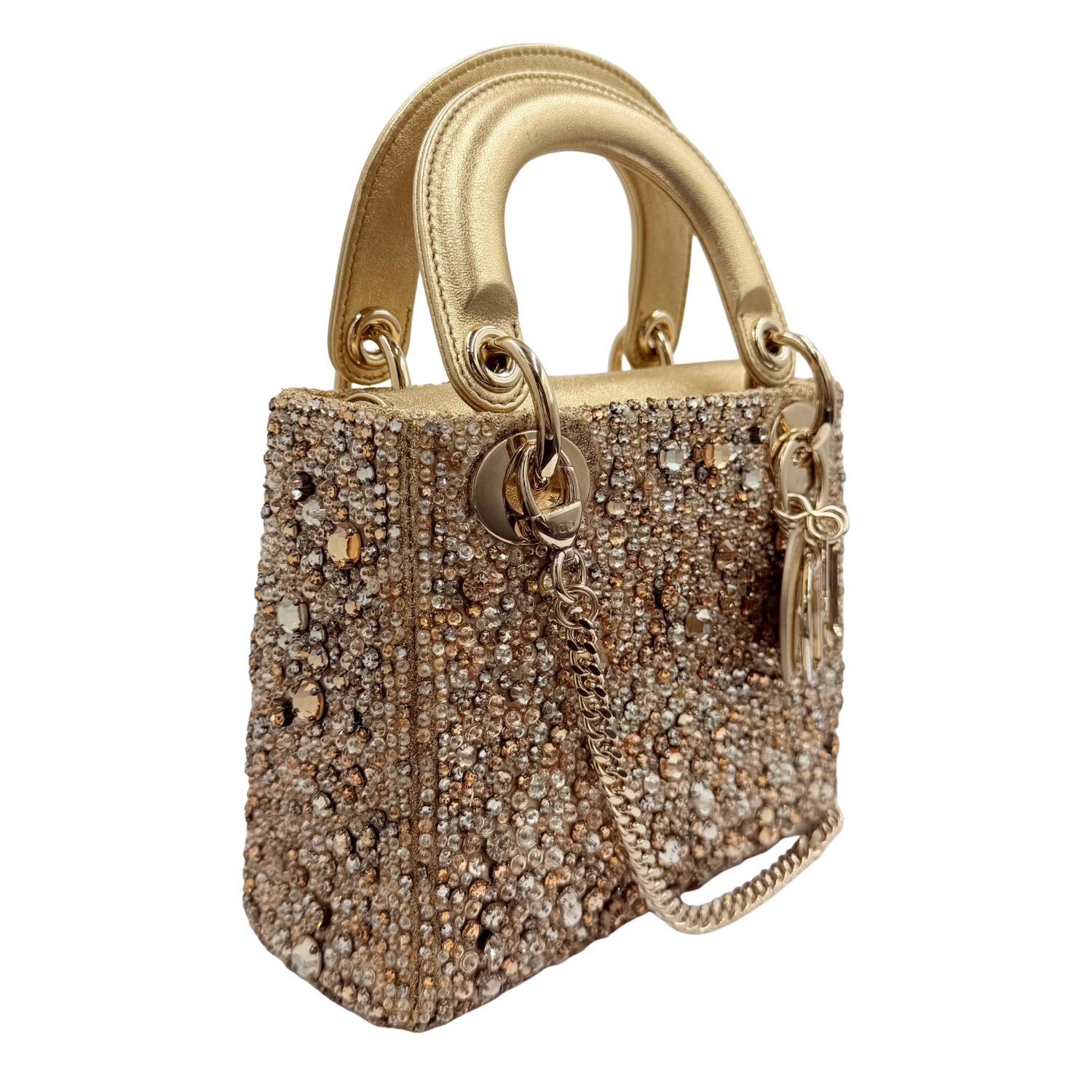 Christian Dior Limited Metallic Calfskin Bead Embroidery Mini Lady Dior Gold