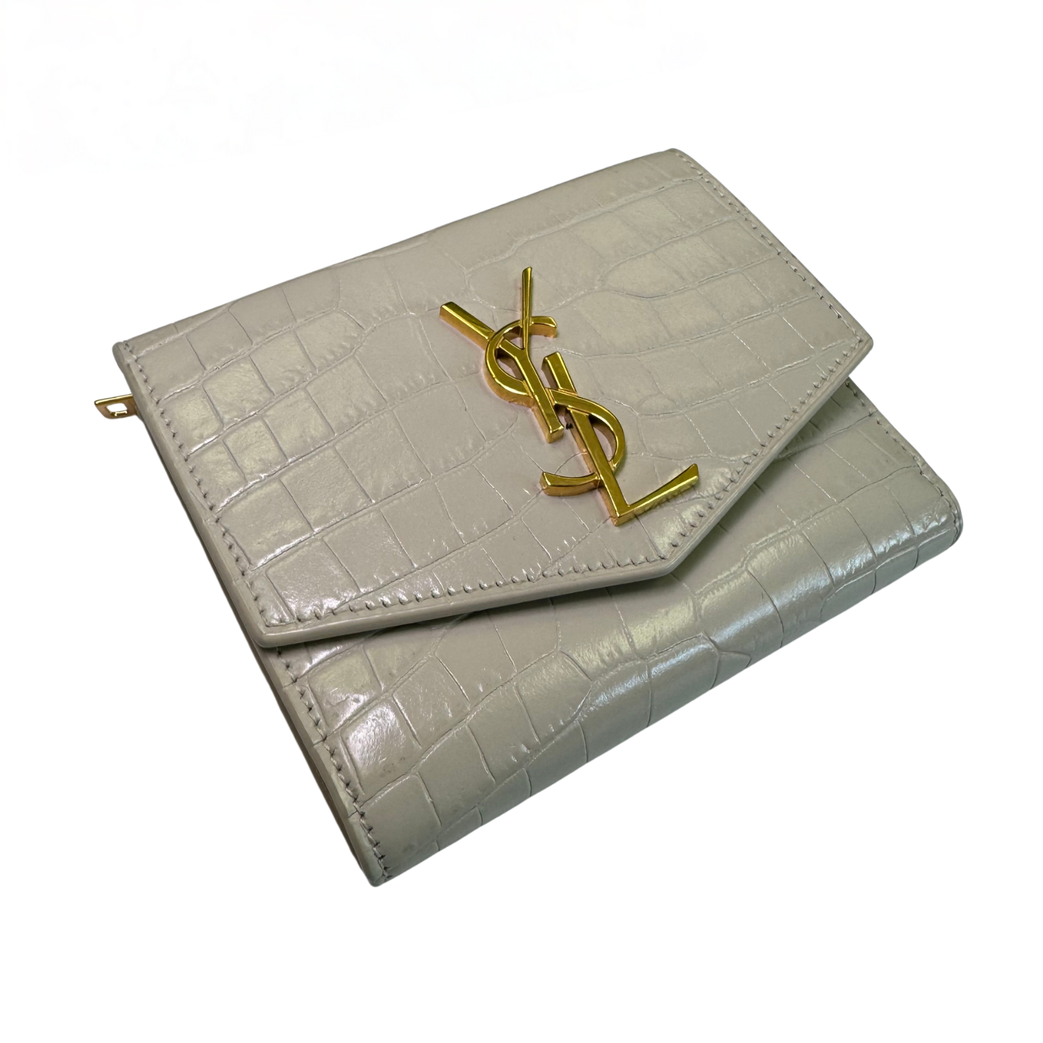 Yves Saint Laurent Calfskin Crocodile Embossed Uptown Bi Fold Wallet White