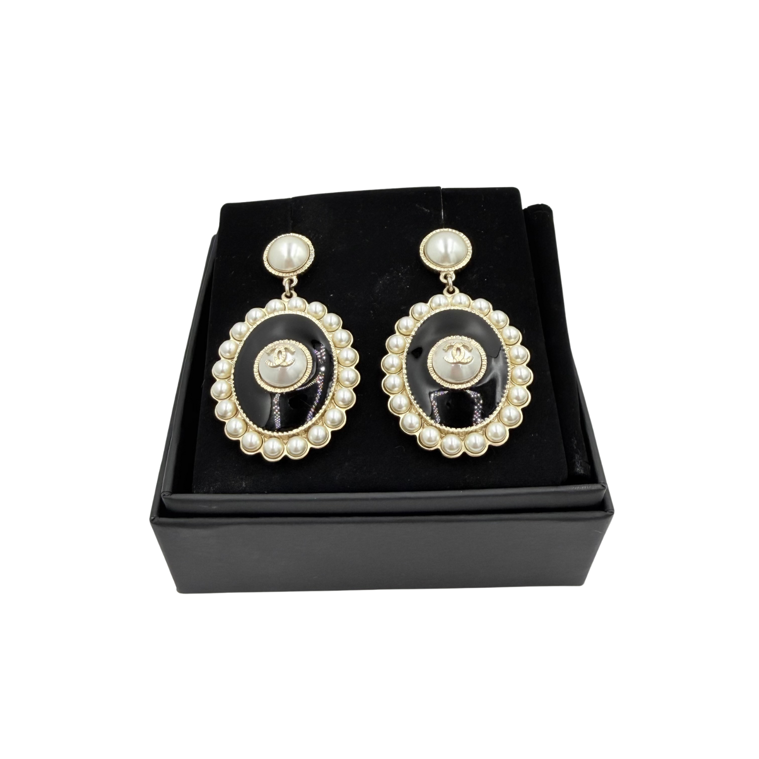 Chanel Black Enamel, Gold Metal, and Imitation Pearl CC Oval Drop Earrings
