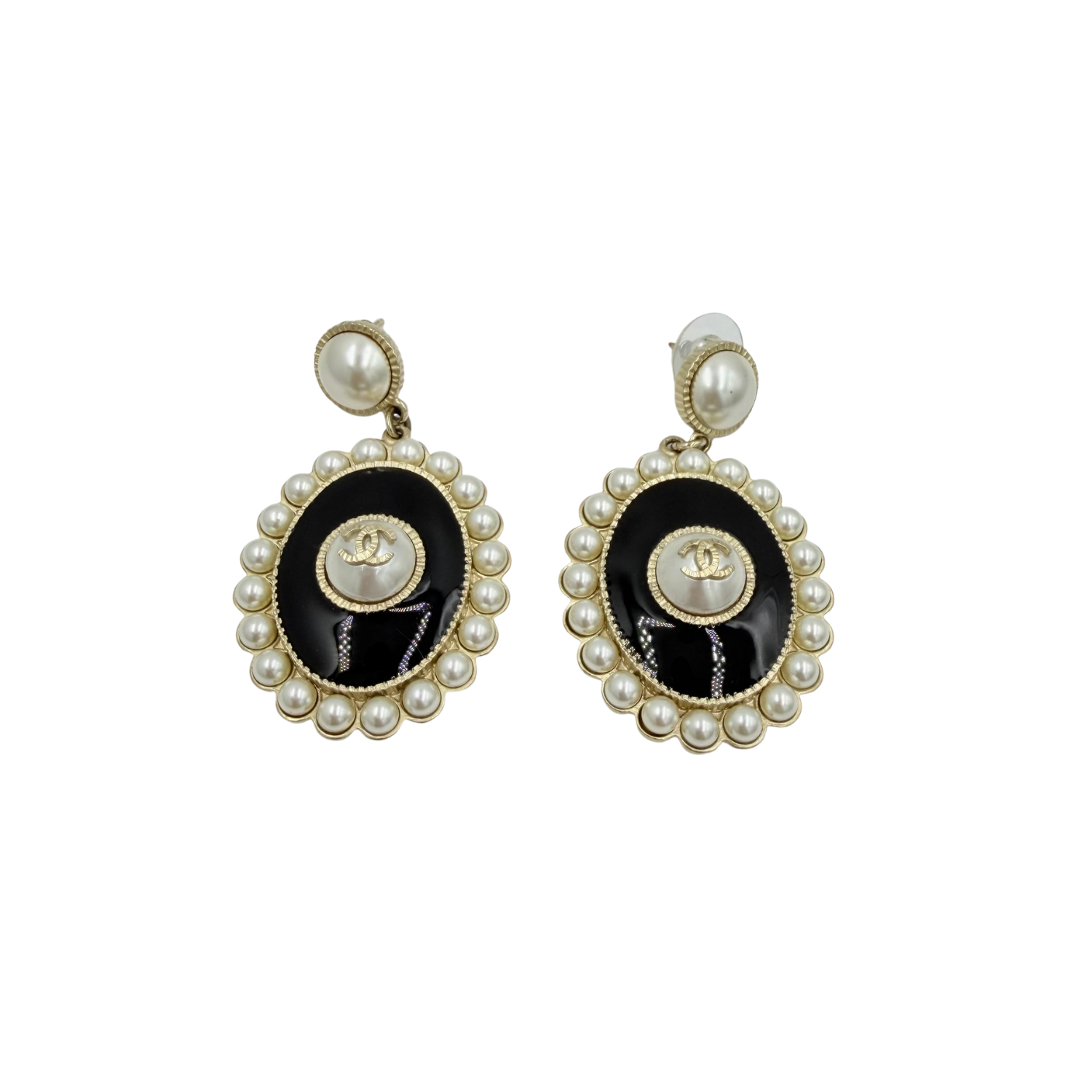 Chanel Black Enamel, Gold Metal, and Imitation Pearl CC Oval Drop Earrings