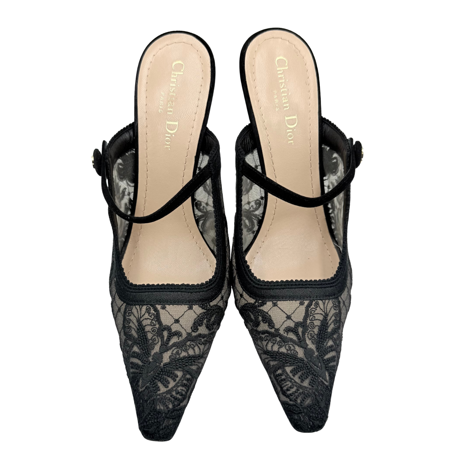 Christian Dior Lace Pattern Scalloped Accent Mules Black