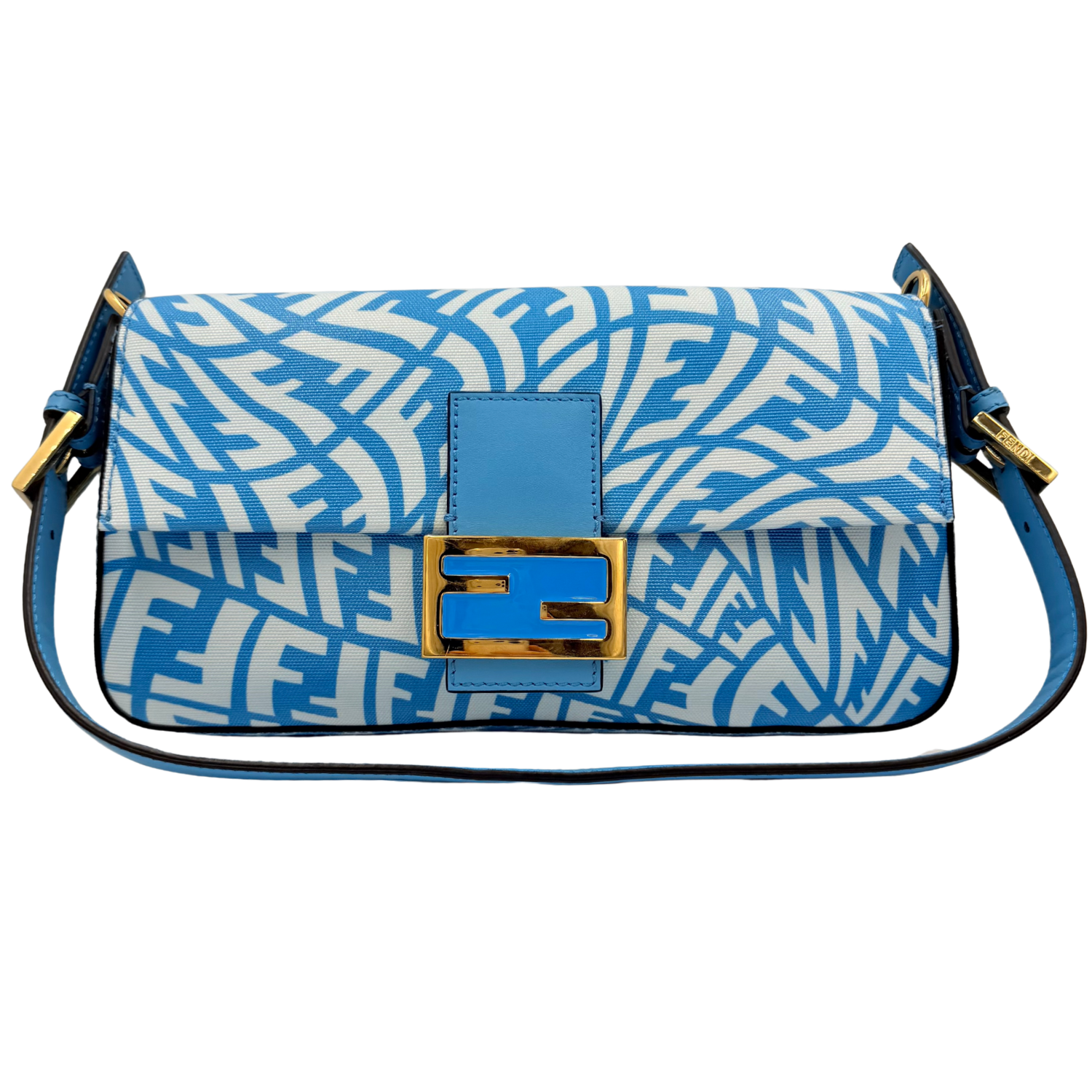 Fendi X SARAH COLEMAN Glazed Canvas Vitello King FF Vertigo Baguette 1997 Cyber Blue White