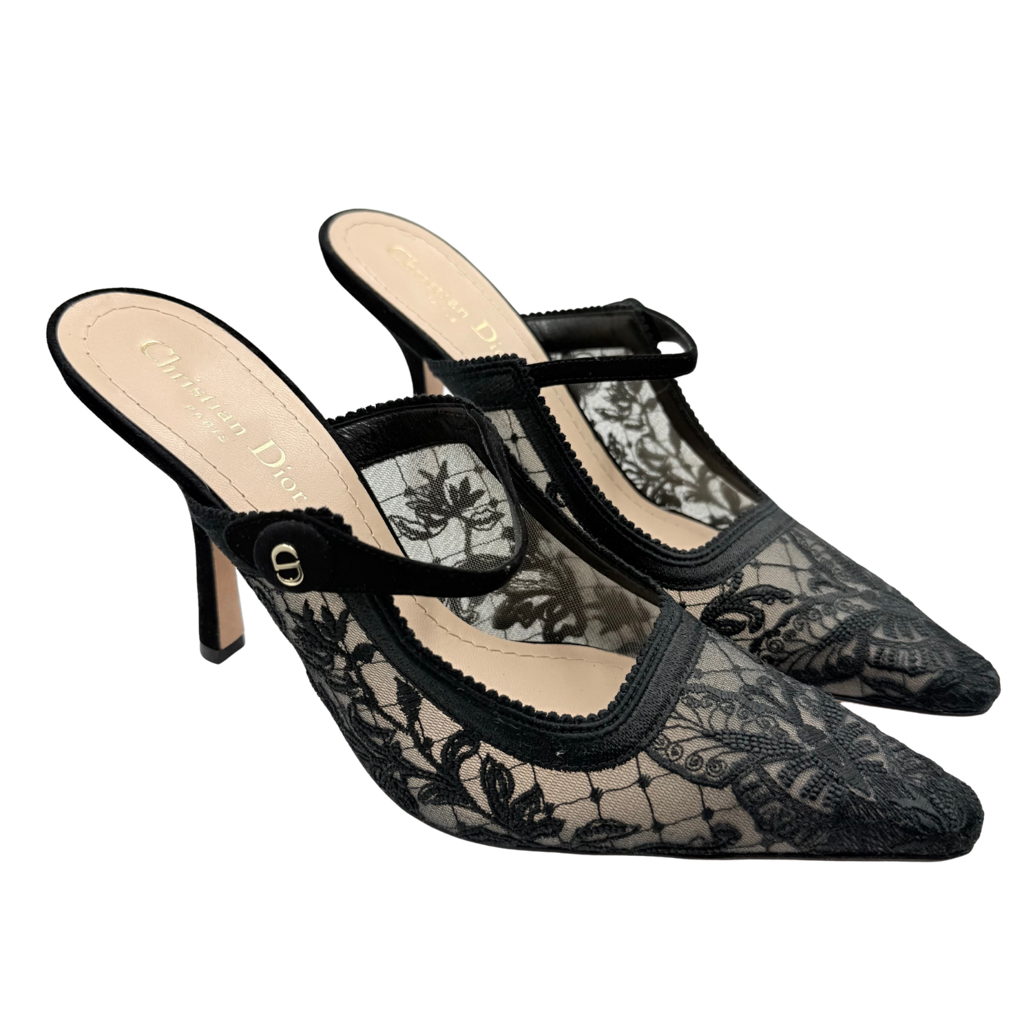 Christian Dior Lace Pattern Scalloped Accent Mules Black