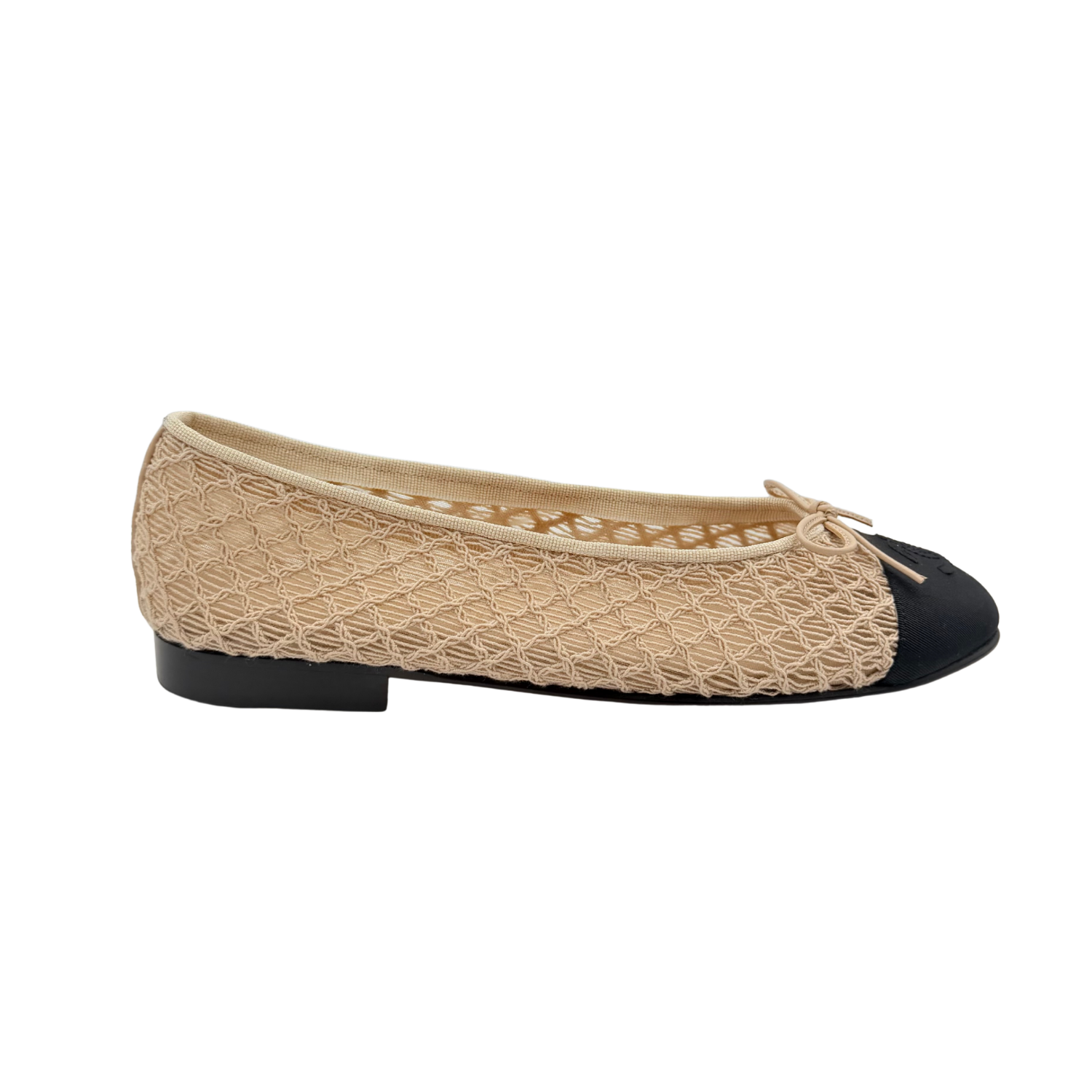 Chanel Mesh Crochet Grosgrain Cap Toe Ballerina Flats Beige Black Size 38