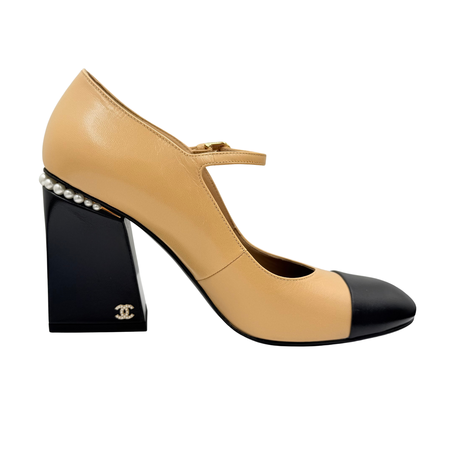 Chanel Shiny Goatskin Pearls Cap Toe Open Slingback Block Heel Pumps Beige Black