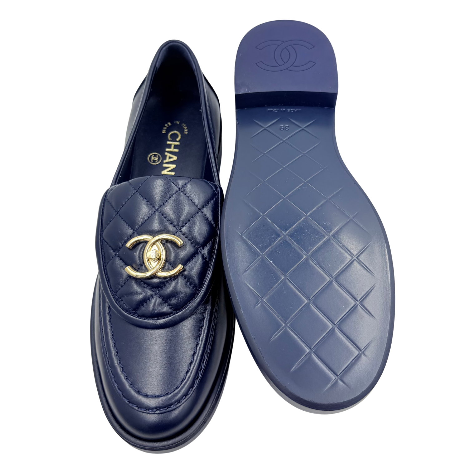 Chanel Quilted Lambskin CC Turnlock Loafers Navy