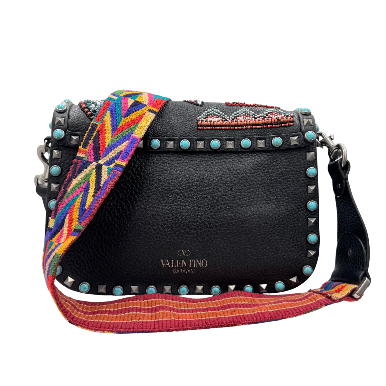 Beaded Rockstud Rolling Shoulder Bag w/ Guitar Strap Black