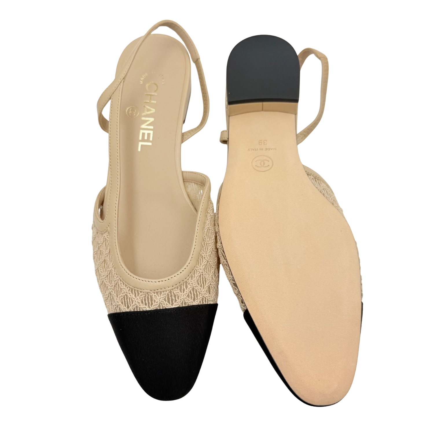 Chanel Interlocking CC Crochet Slingback Flats Beige and Black