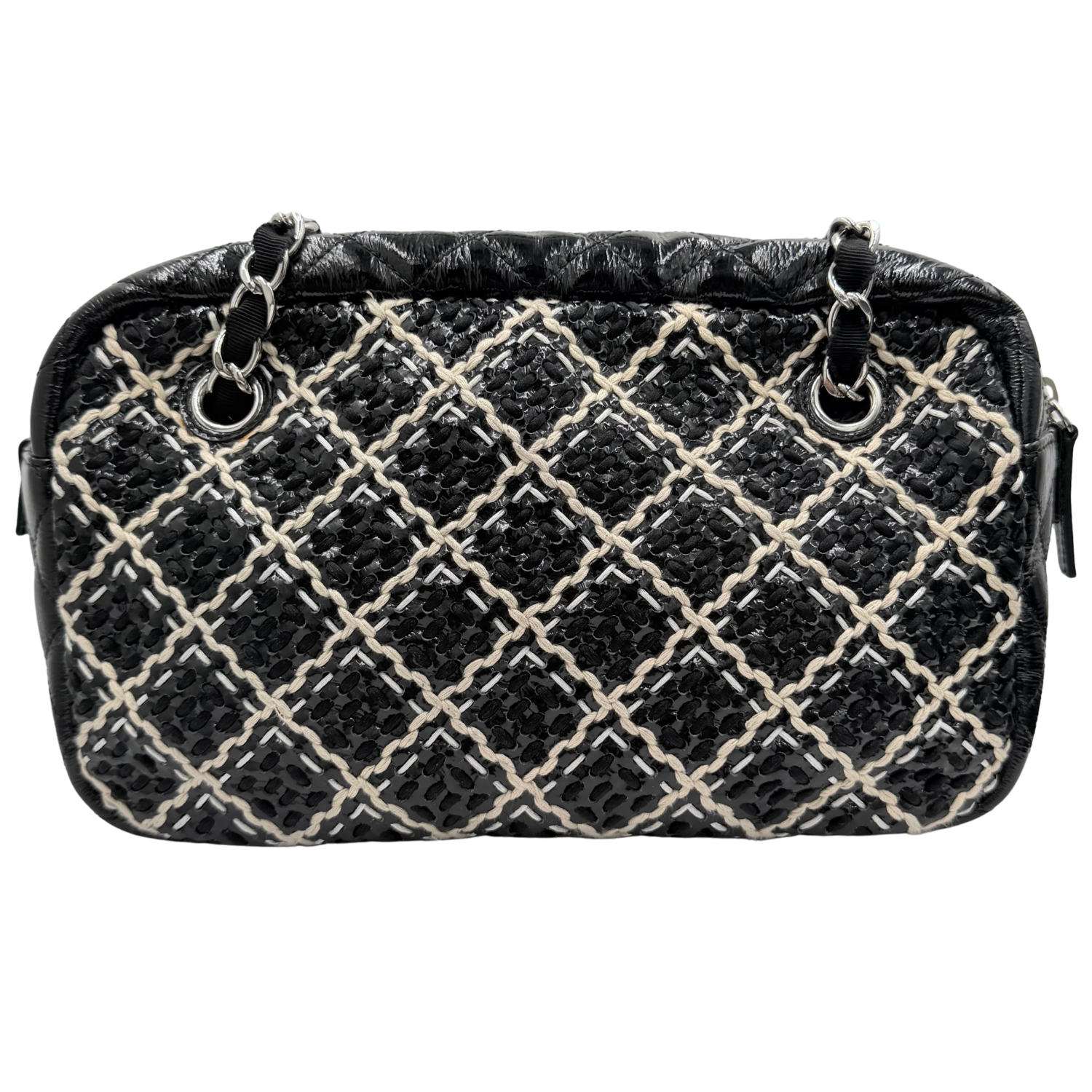 Chanel Camera Case Bag Diamond Woven Stitch Patent Leather Medium Black