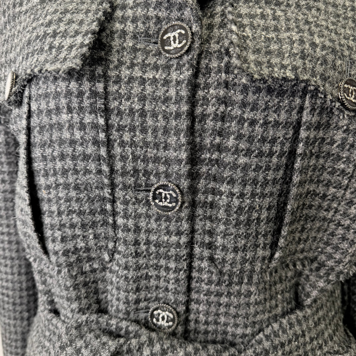 Chanel Houndstooth Print Trench Coat Gray and Black