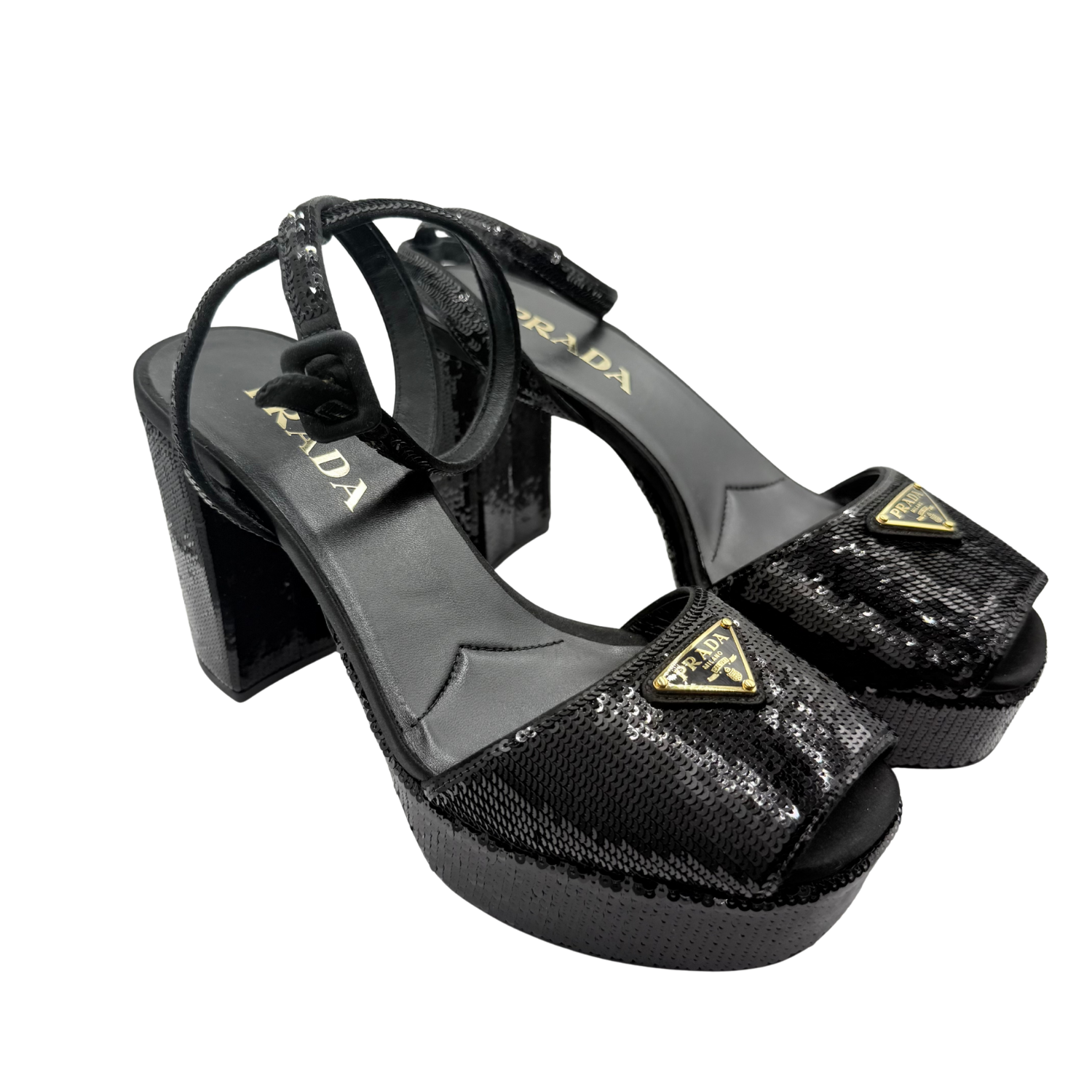 Prada Open Toe Ankle Strap Platform Sandals Black Sequin