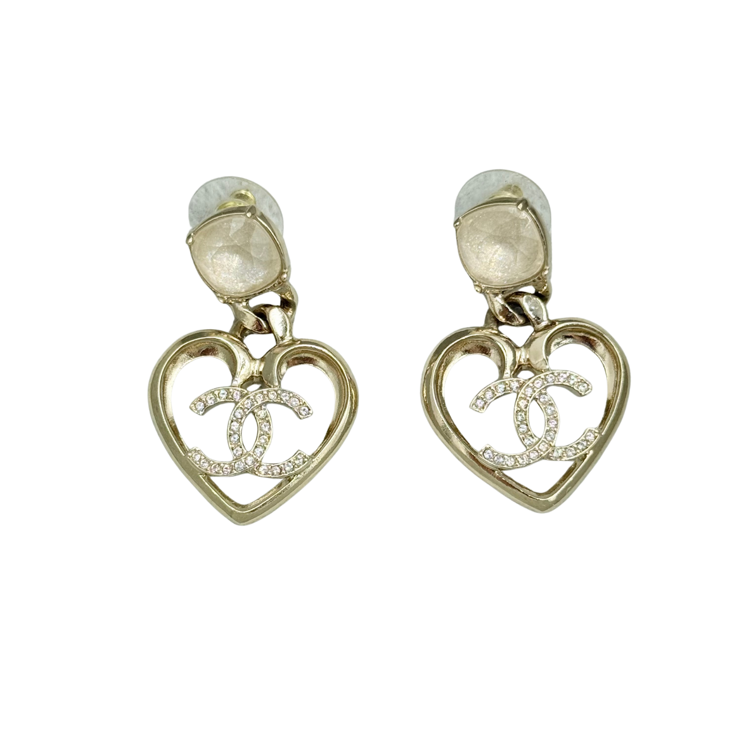 Chanel Large Strass CC Heart Drop Earrings Gold