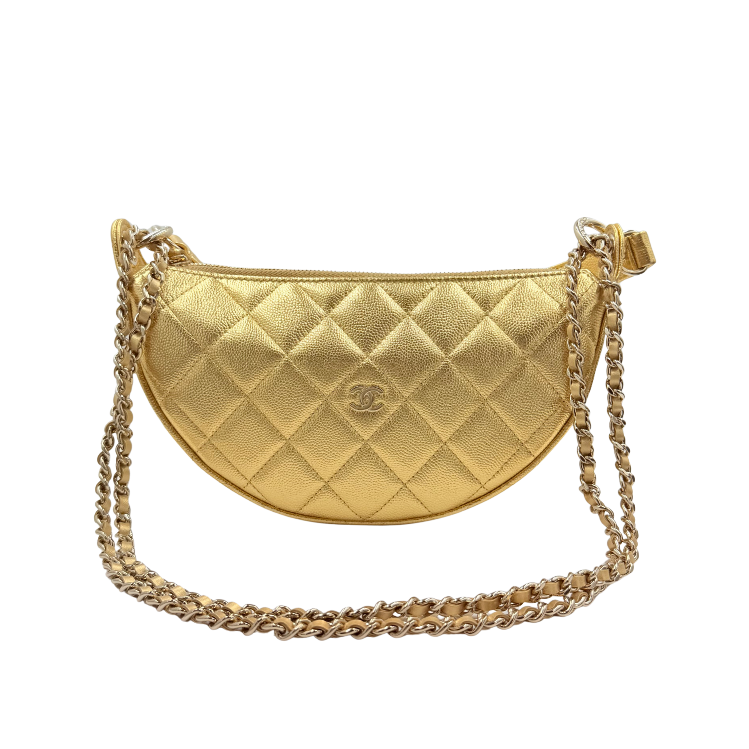 Caviar Quilted Clutch With Chain Gold