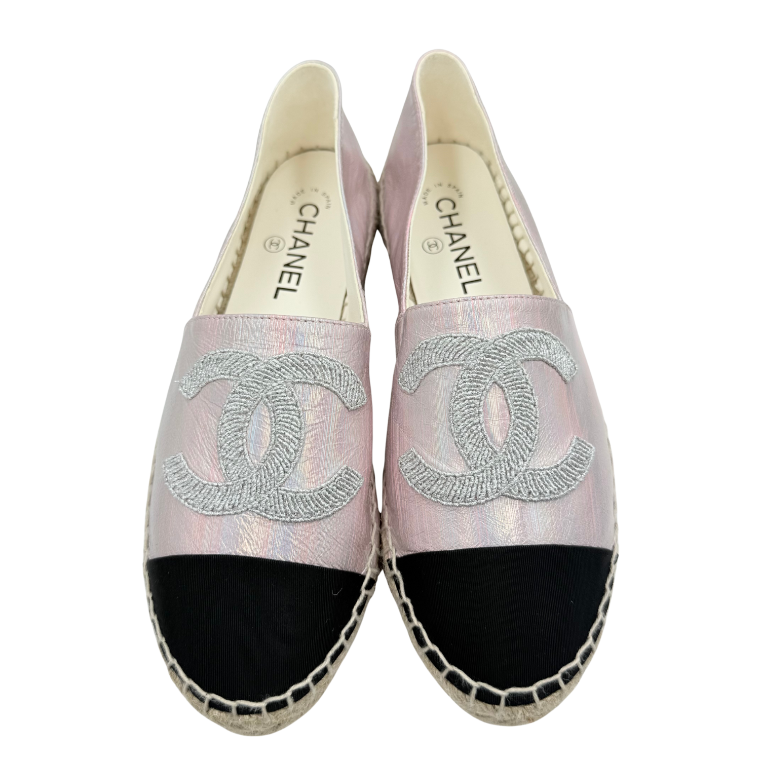 Chanel Laminated Lambskin Grosgrain Embroidered CC Espadrilles Pink Silver Black