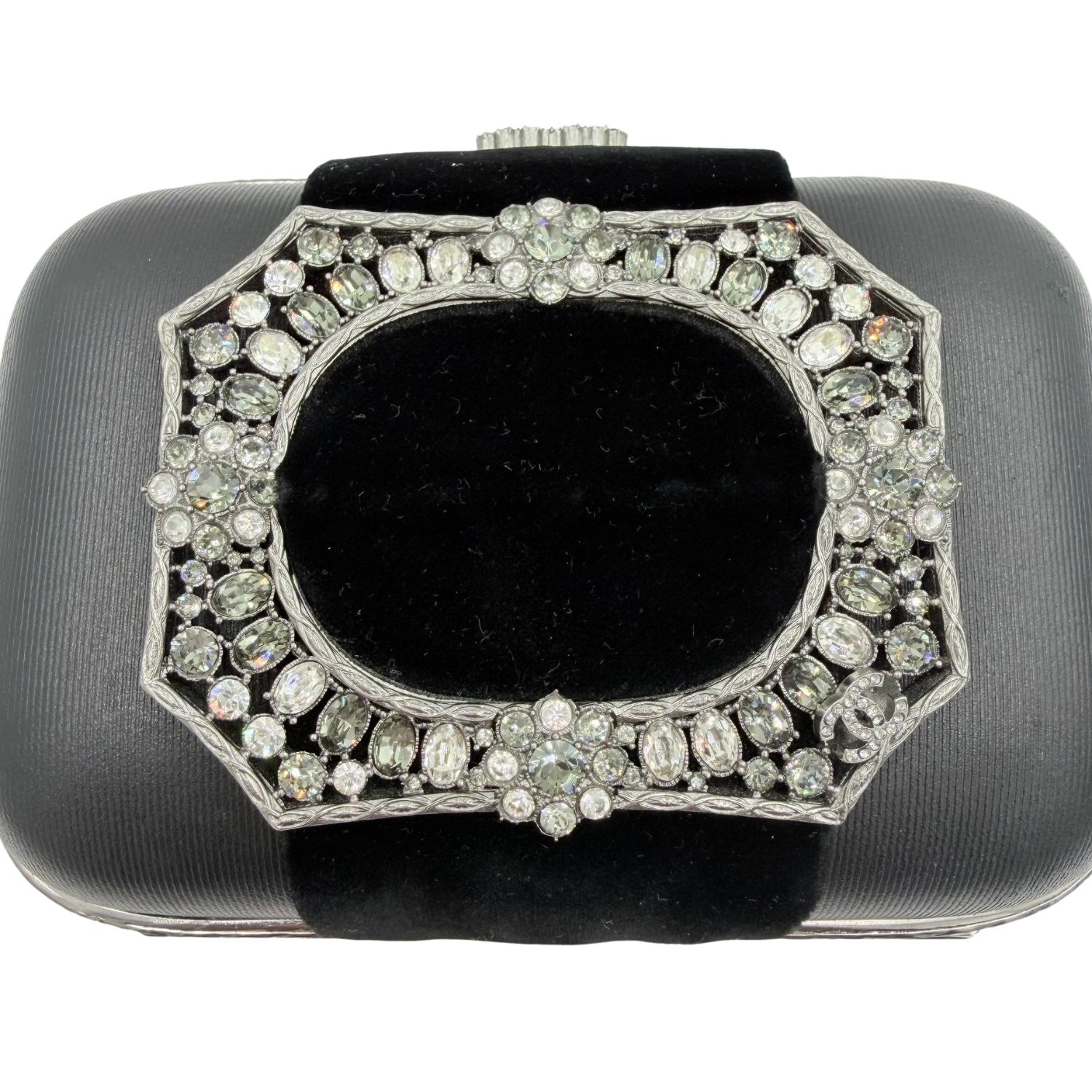 Chanel Lambskin and Velvet Strass Minaudière Embellished Silver Hardware Clutch Black