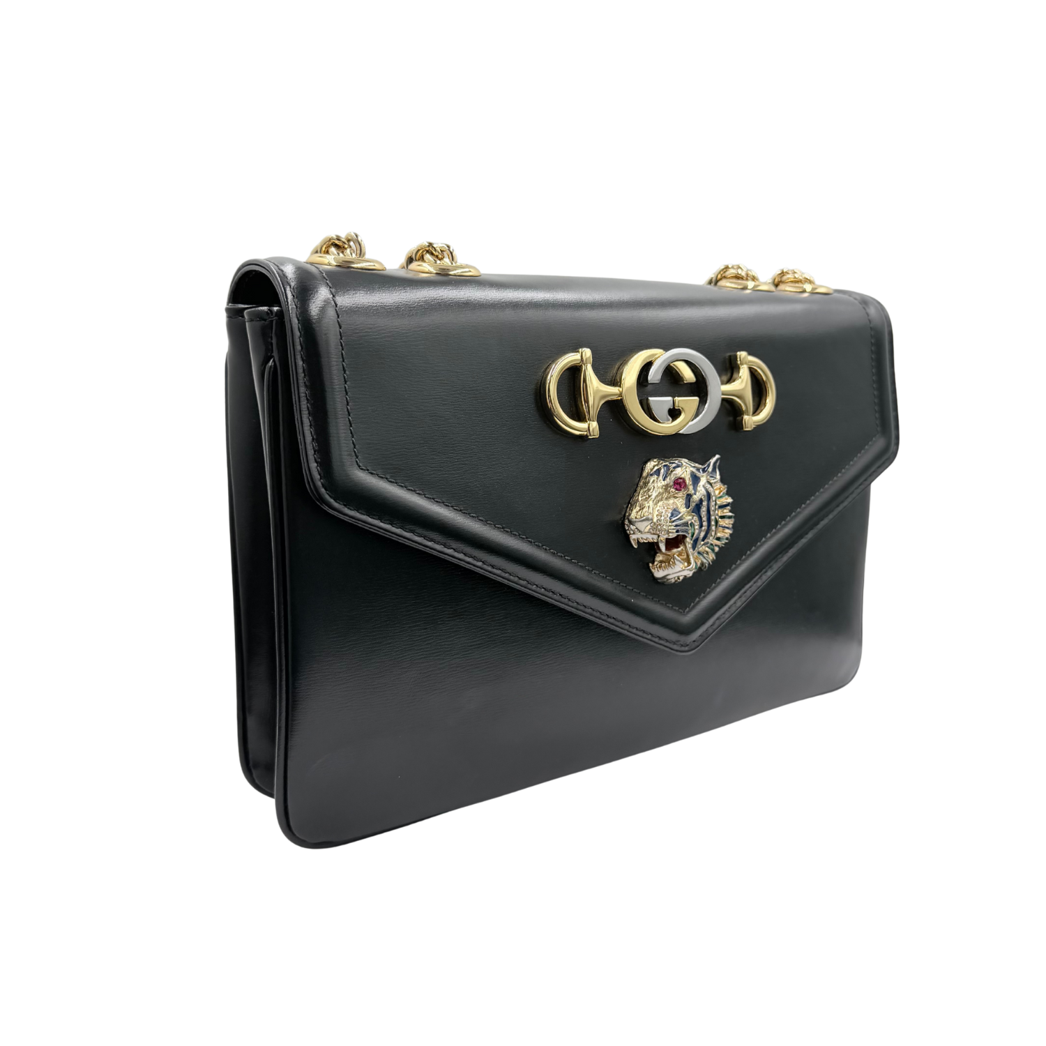 Gucci Medium Rajah Lion Head Shoulder Bag Black