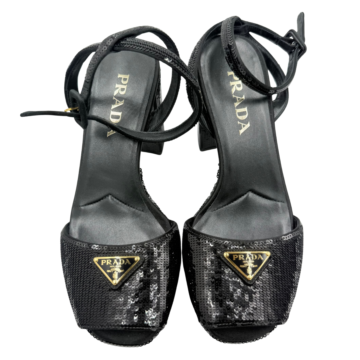Prada Open Toe Ankle Strap Platform Sandals Black Sequin