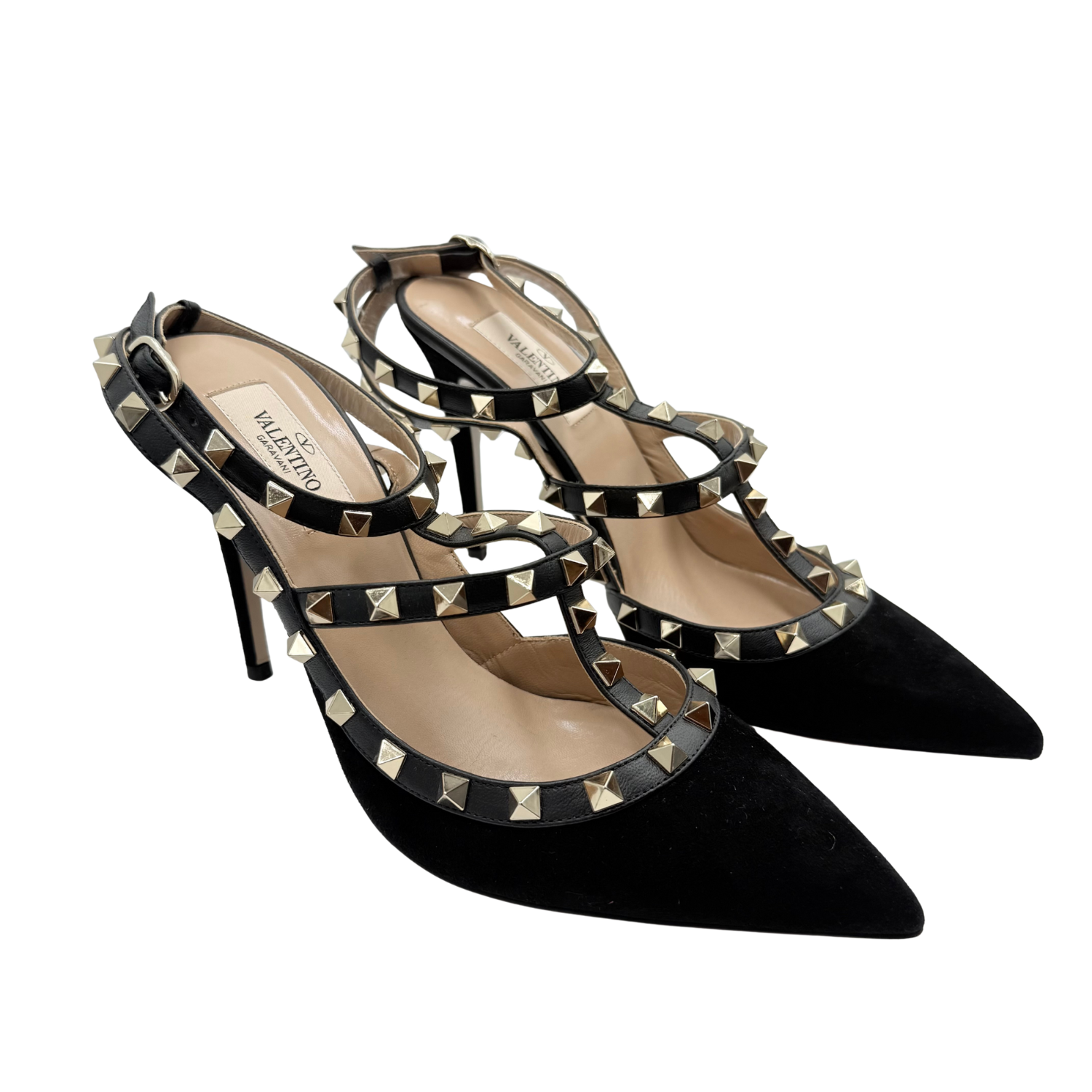 Valentino Rockstud Accents Velvet T-Strap Pumps Black