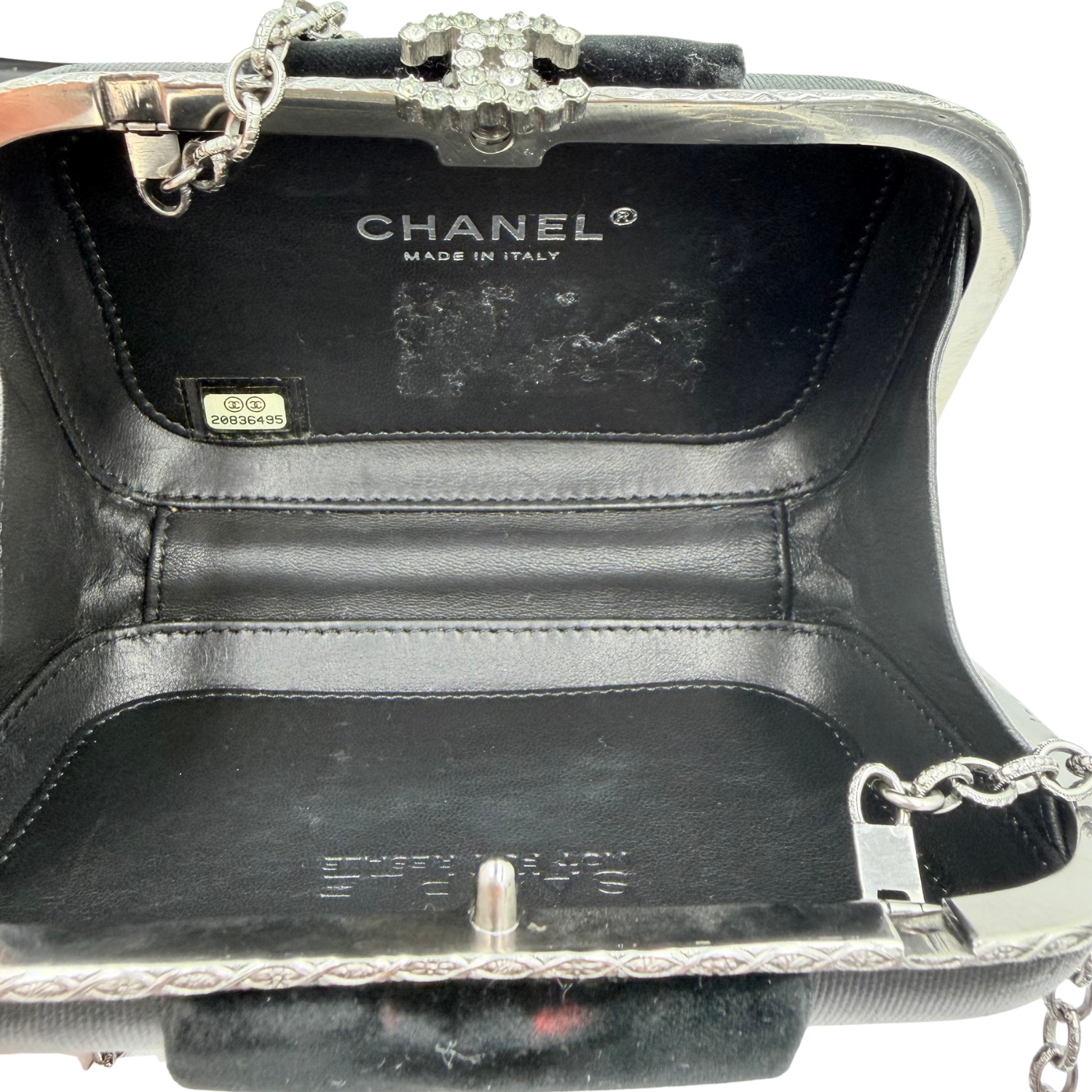 Chanel Lambskin and Velvet Strass Minaudière Embellished Silver Hardware Clutch Black