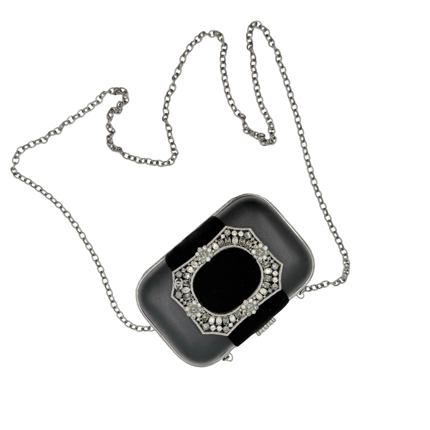 Chanel Lambskin and Velvet Strass Minaudière Embellished Silver Hardware Clutch Black