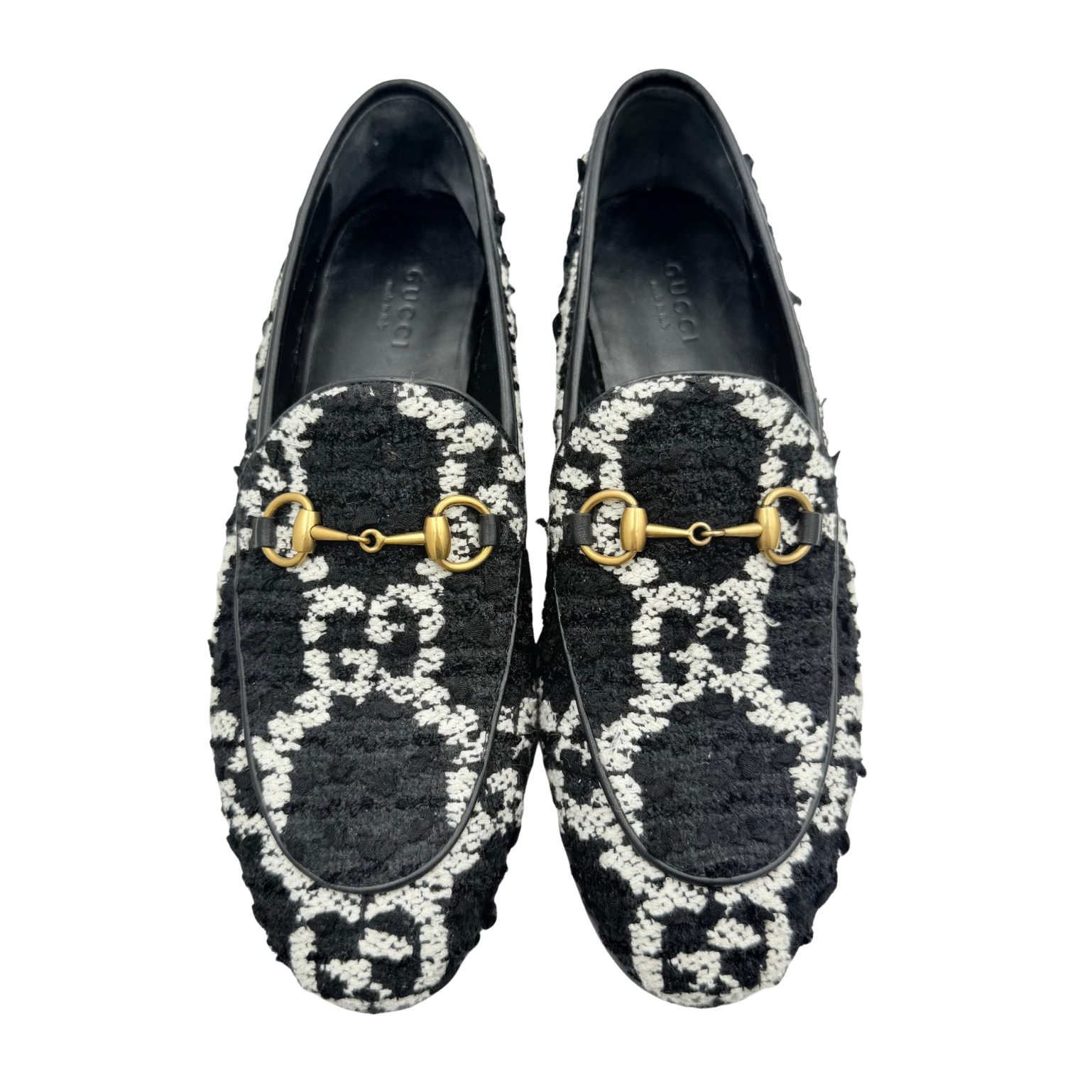 Gucci Brixton Apron-Toe Horsebit Tweed Loafers Black and White