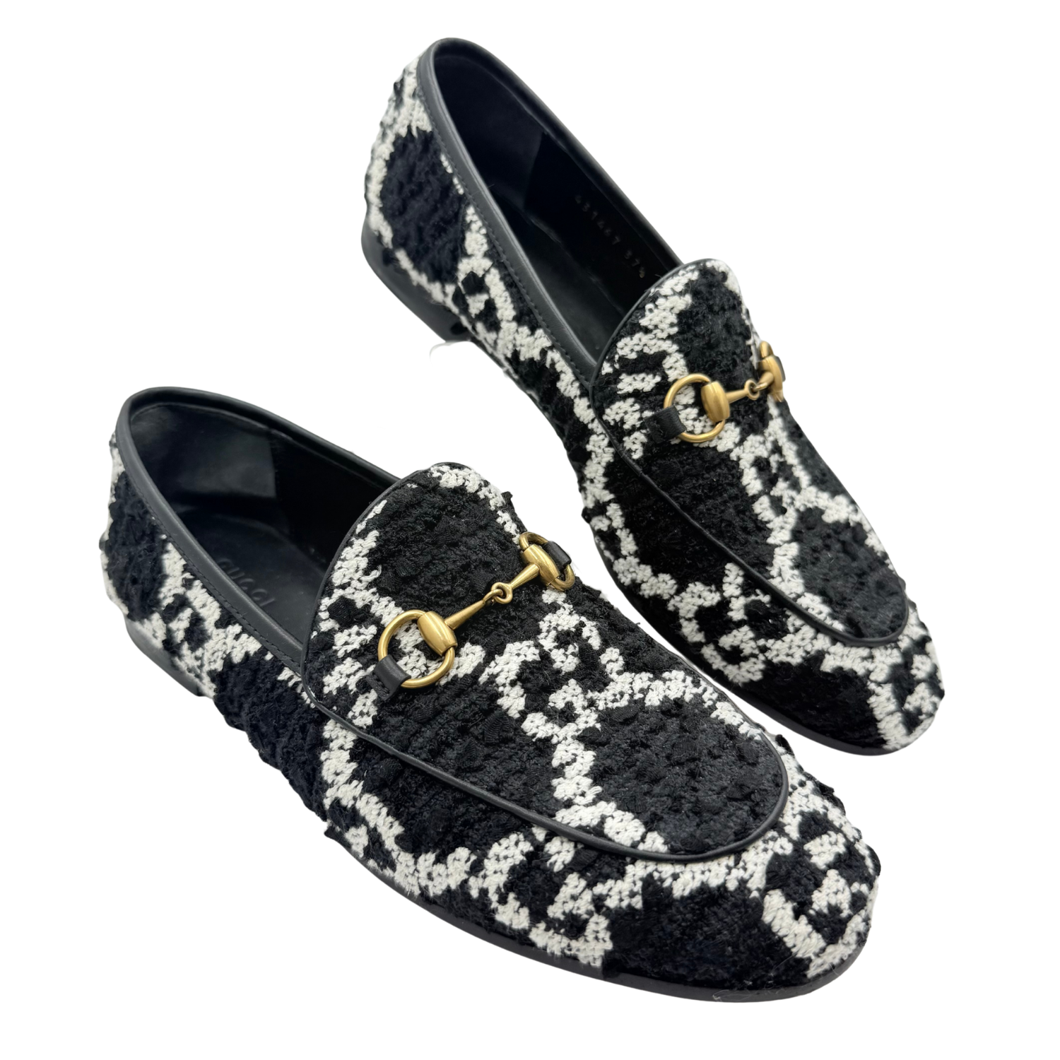 Gucci Brixton Apron-Toe Horsebit Tweed Loafers Black and White